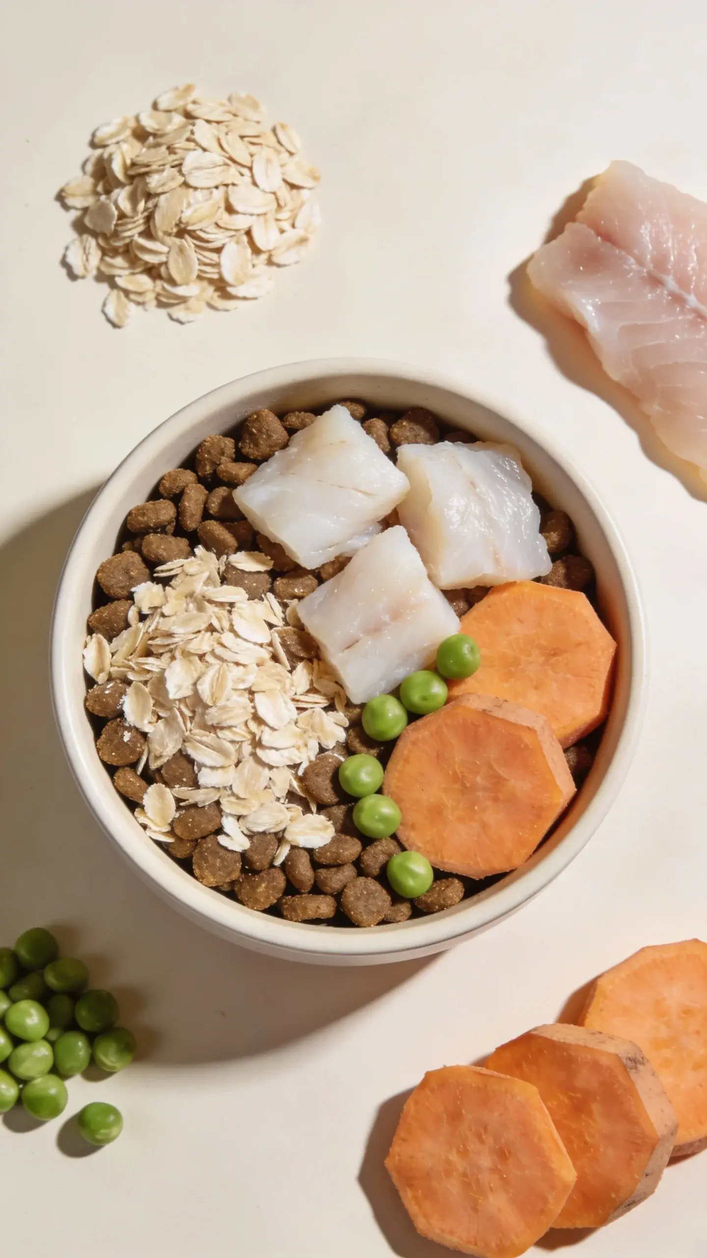 Close-up overhead shot of a simple, allergy-friendly dog food bowl on a neutral light background: kibble mixed with visible flakes of cooked oatmeal, chunks of white fish, sliced sweet potato, and a few peas; include small piles of raw ingredients around the bowl (rolled oats, raw fish fillet, sliced sweet potato), soft natural lighting, shallow depth of field, no text, minimal clean composition.