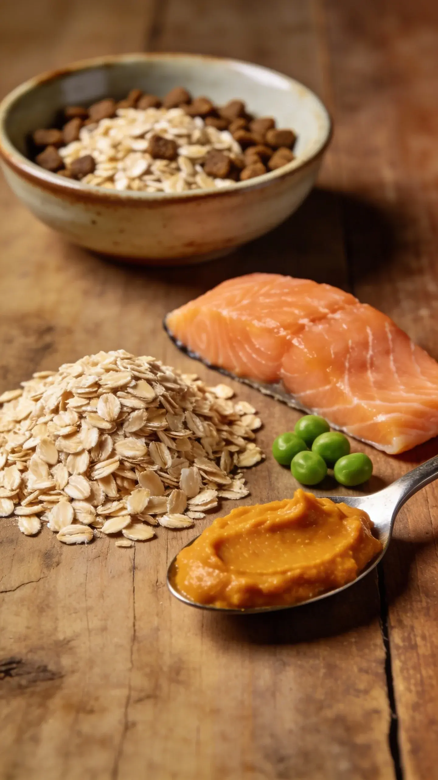 Rustic wooden tabletop macro scene displaying allergy-friendly dog food ingredients neatly arranged: a small mound of rolled oats, a piece of cooked salmon, a few green peas, and a spoonful of plain pumpkin puree; in the background slightly out of focus, a ceramic bowl containing kibble blended with oatmeal; warm natural light, high detail texture on oats and fish, simple and uncluttered, no text.