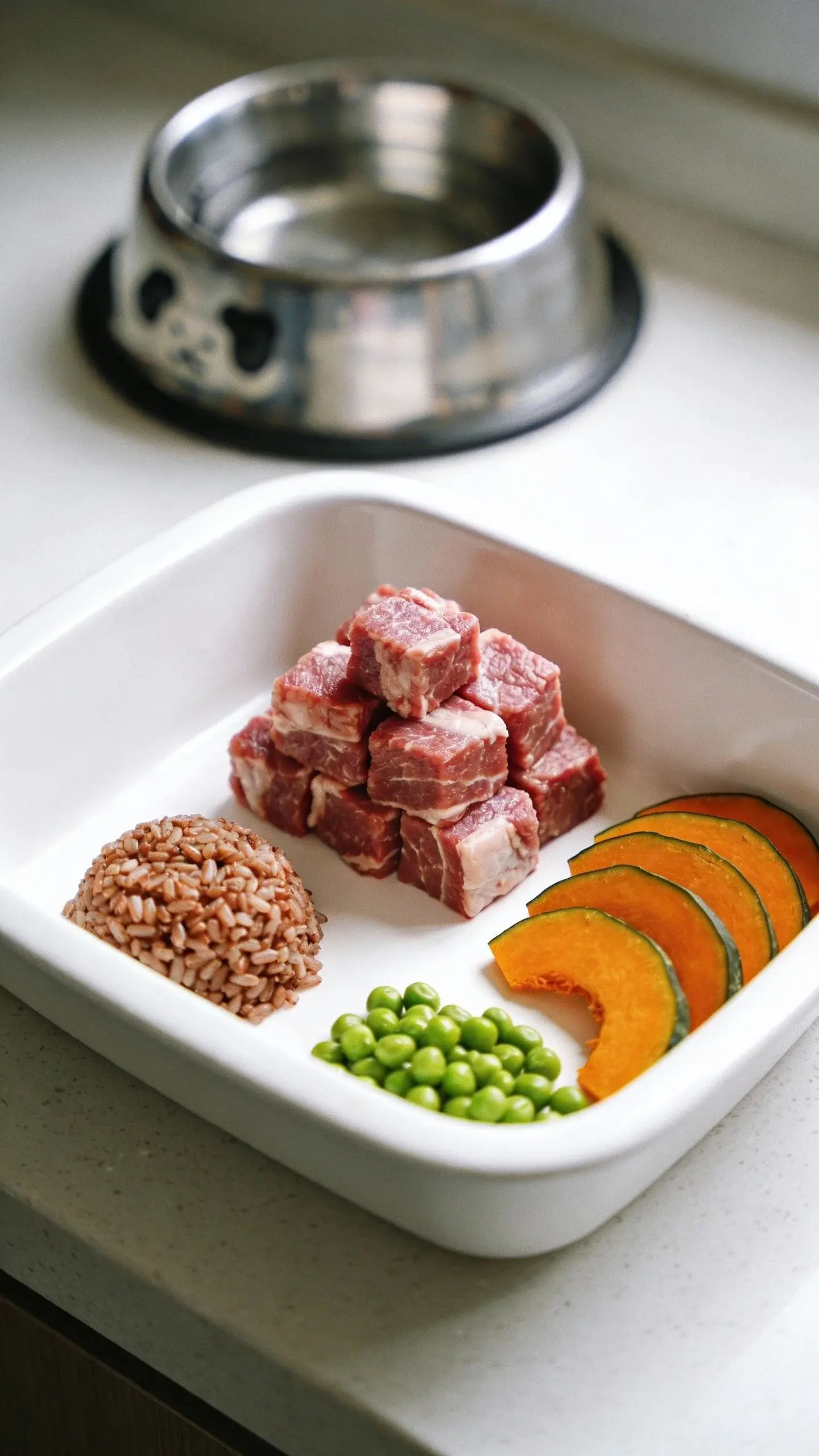 Minimal, bright kitchen counter scene showing a neat pile of raw lamb cubes, a small mound of brown rice, sliced pumpkin, and green peas arranged in a clean white ceramic dish, with a stainless dog bowl slightly blurred in the background; soft daylight, high-resolution macro detail, no chicken ingredients present, no text, uncluttered.