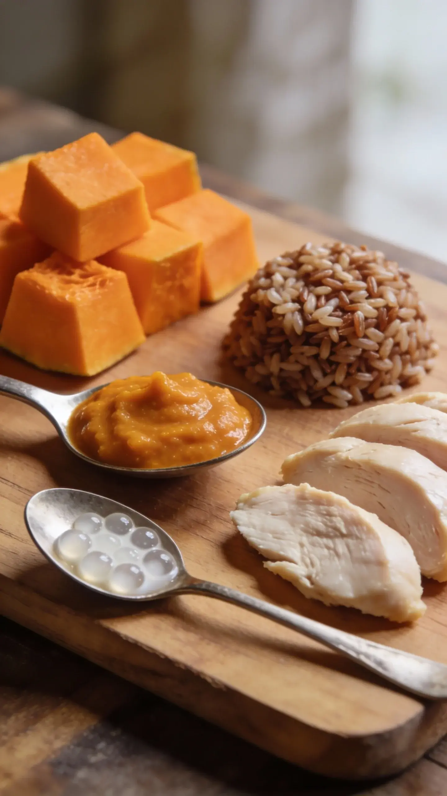 Macro close-up of raw ingredients neatly arranged on a wooden board: vivid orange pumpkin cubes and a spoonful of smooth pumpkin puree, a small mound of cooked brown rice, slices of plain boiled chicken breast, and a few probiotic-rich kefir drops beaded on a spoon; soft daylight from the side, minimal rustic styling, blurred background, simple and appetizing, no text.