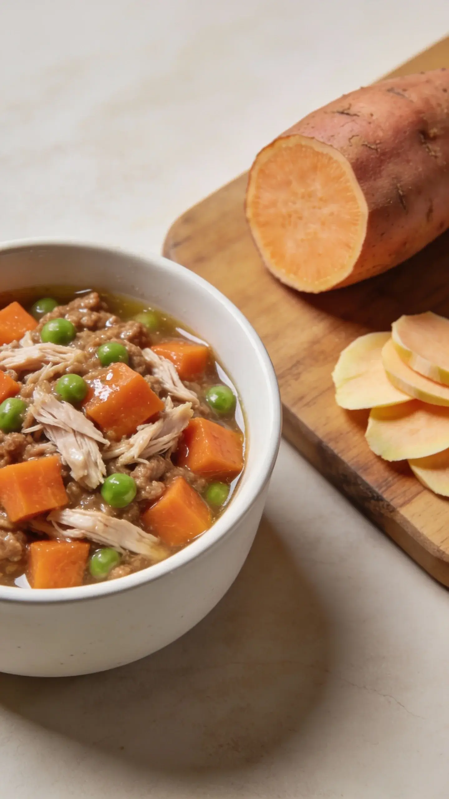 Close-up overhead shot of a clean white ceramic bowl filled with chunky, allergy-friendly dog food made of visible diced sweet potatoes (vibrant orange), shredded turkey, and green peas, lightly glistening with broth. Minimal, natural light. Soft, neutral background with a wooden cutting board nearby holding a halved raw sweet potato and a small pile of peeled slices. No text, no labels, simple composition.