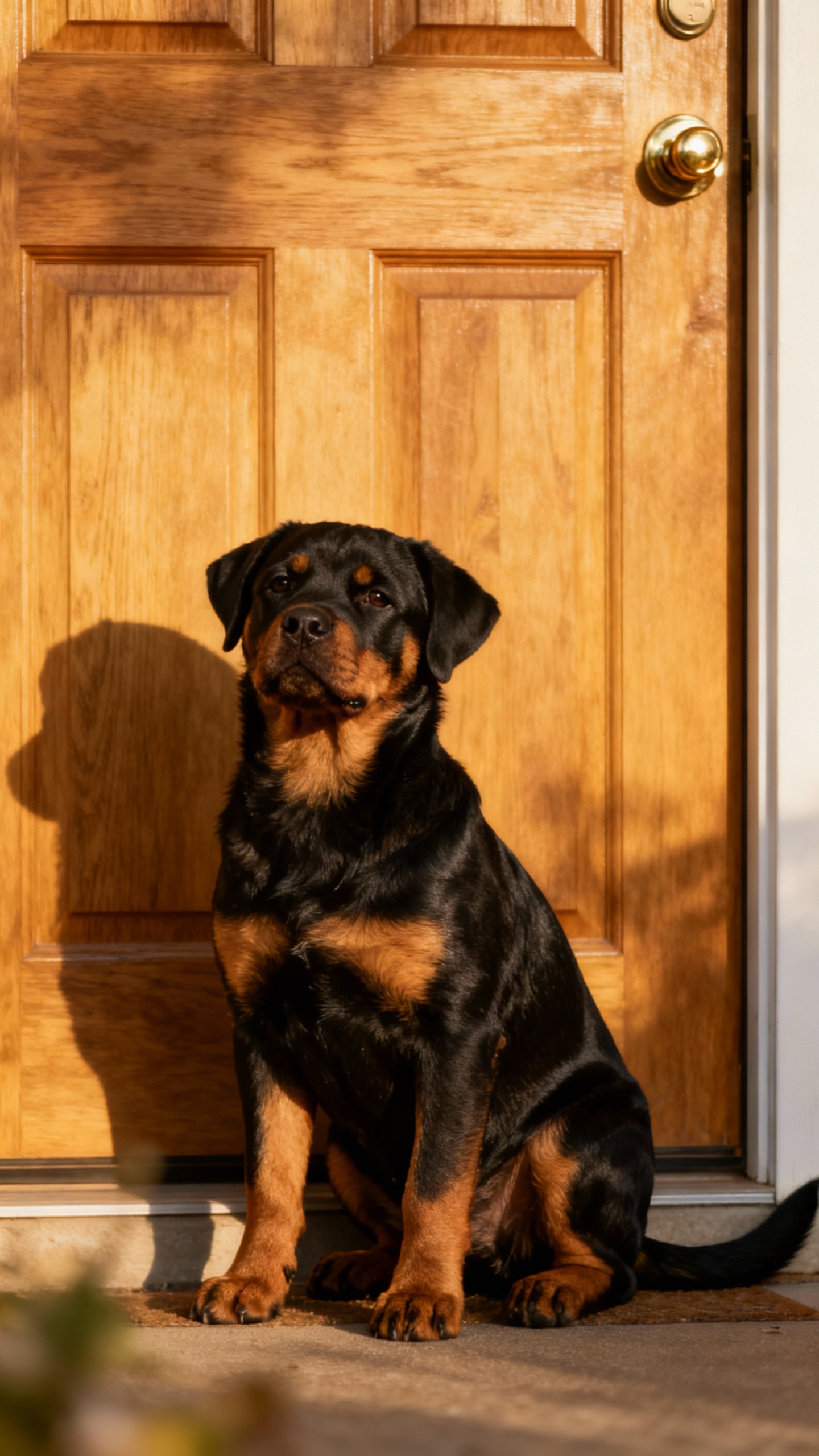 Rottweiler puppy sitting calmly at closed front door