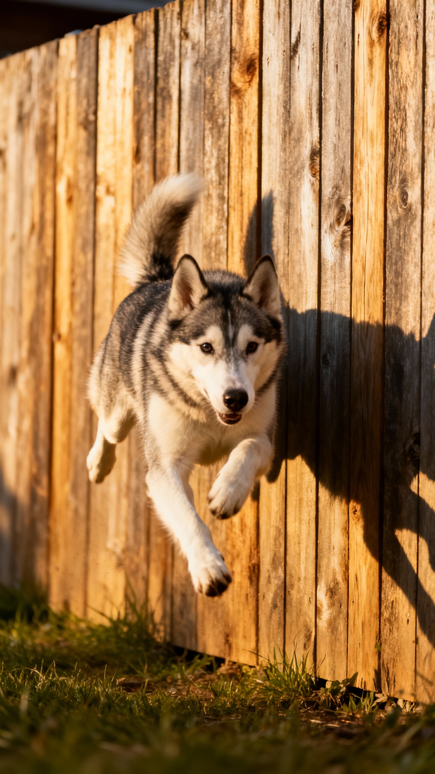 Siberian Husky jumping a six-foot wooden fence