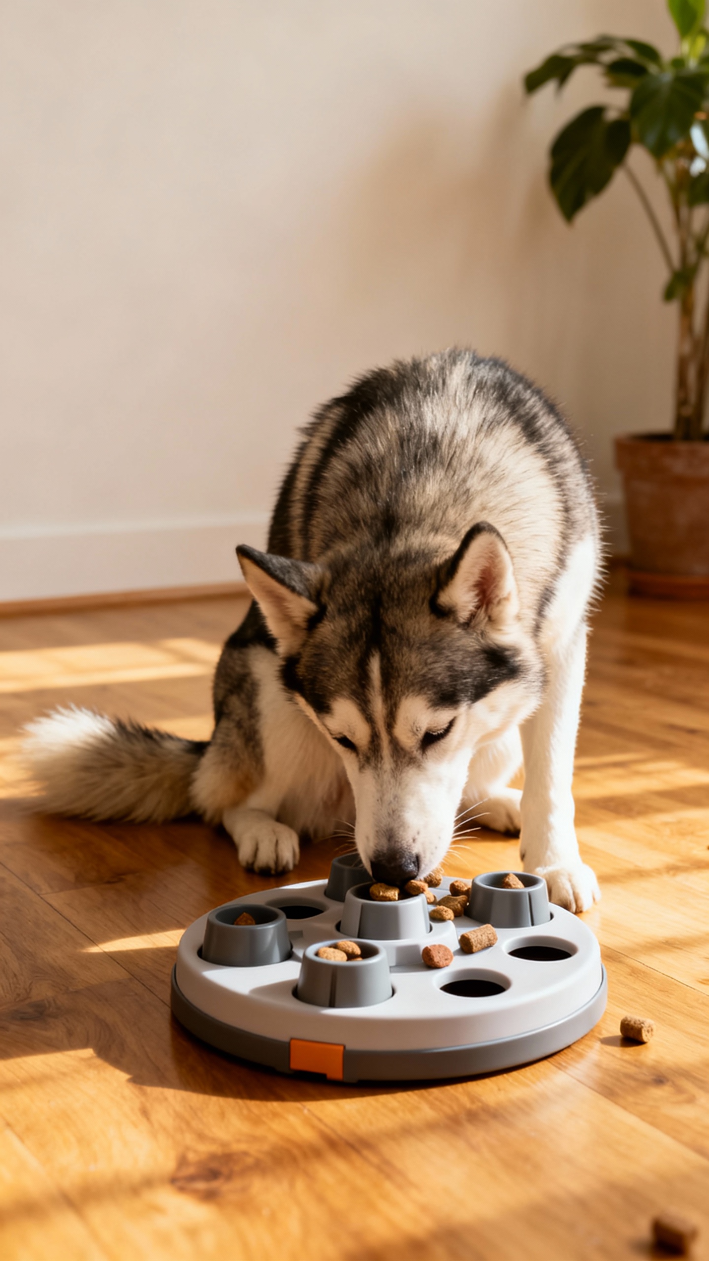 Husky using a puzzle feeder indoors, natural light