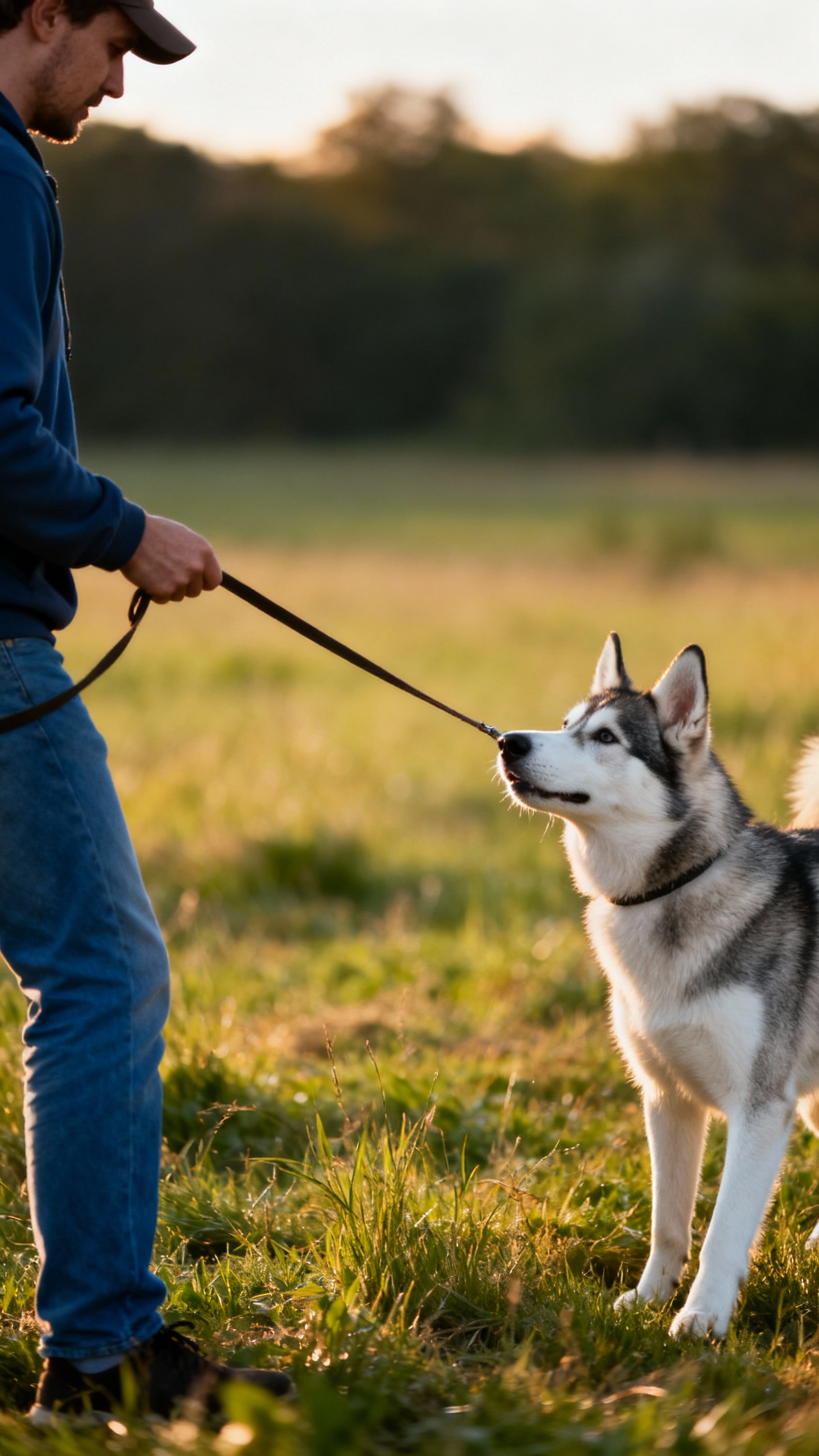 Owner training Husky on long line in field