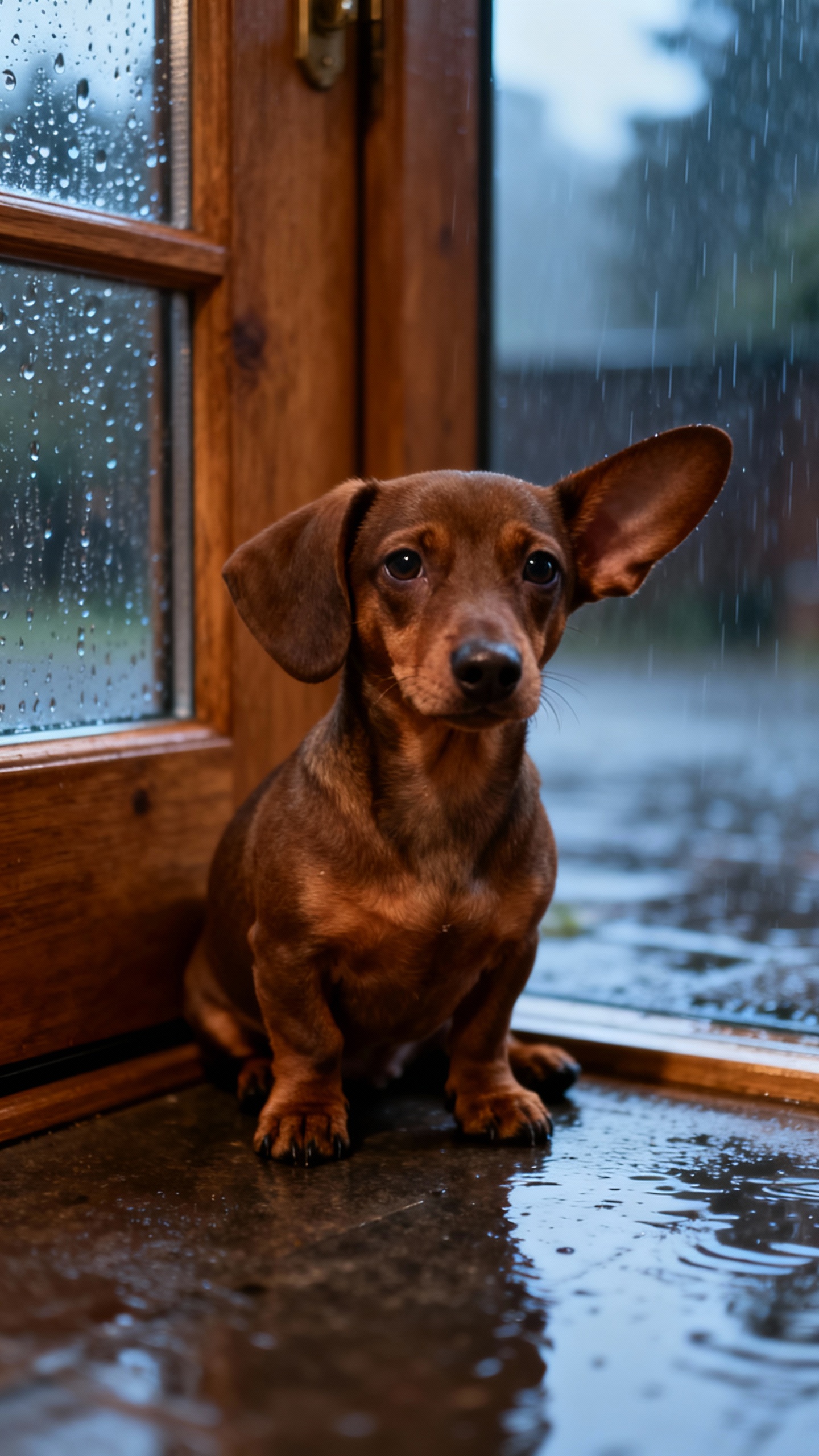 Dachshund puppy by door, rain outside, looking stubborn