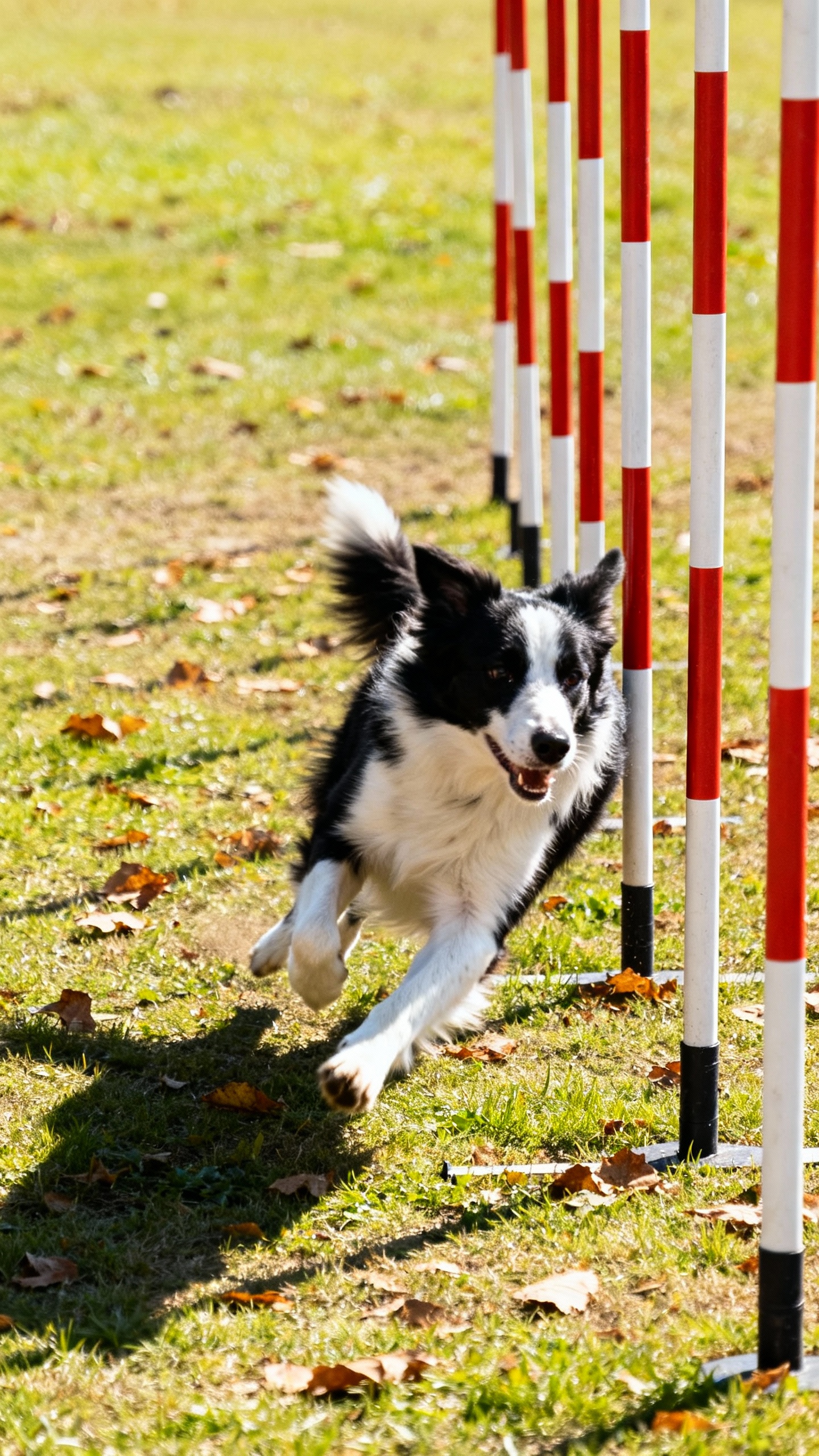 Border Collie sprinting agility weave poles, outdoor daylight