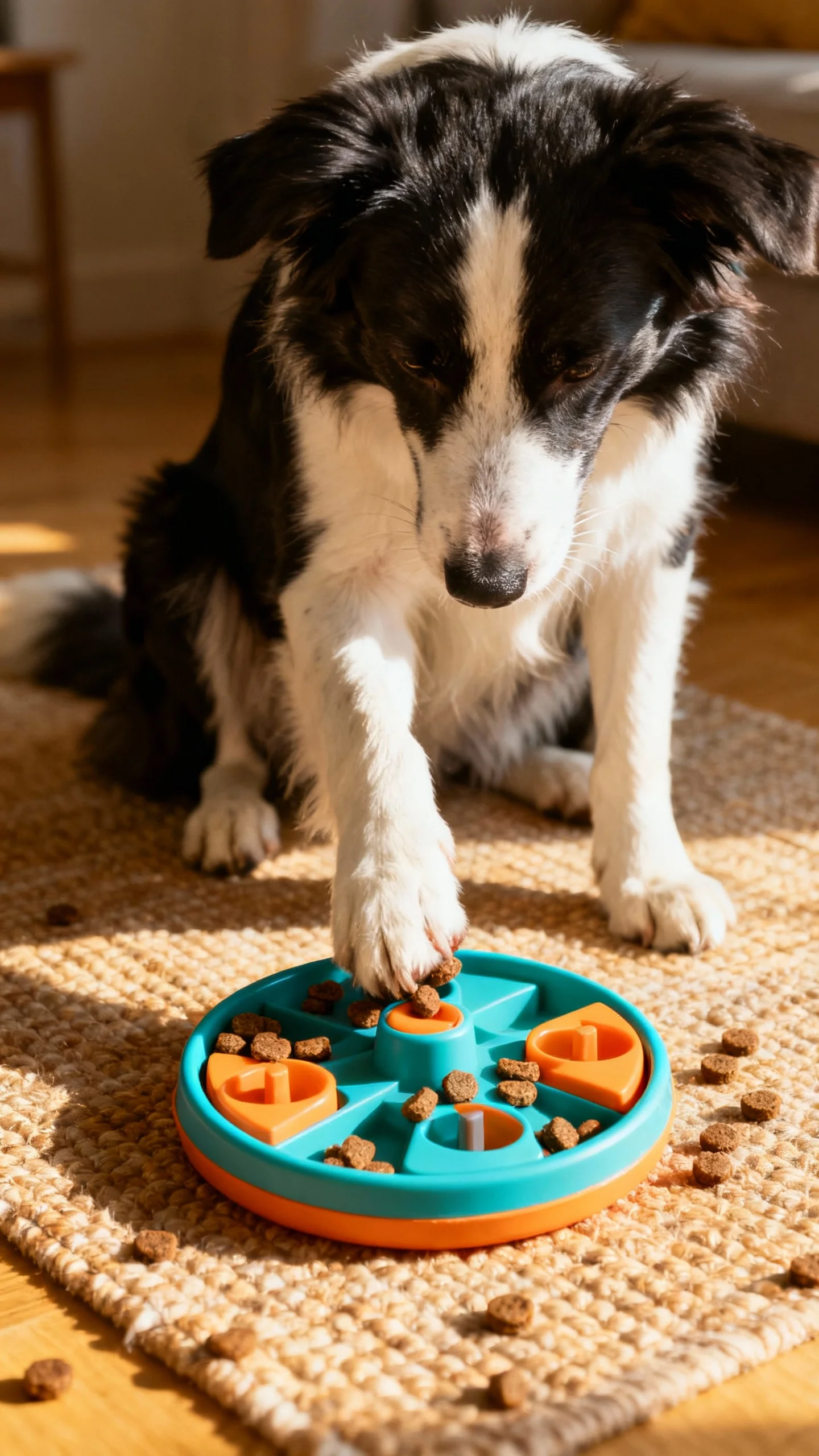 Border Collie solving food puzzle toy on rug, natural light