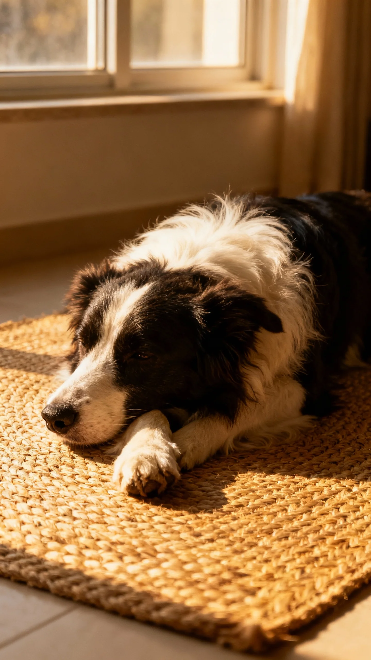Border Collie resting on mat after training, soft window light