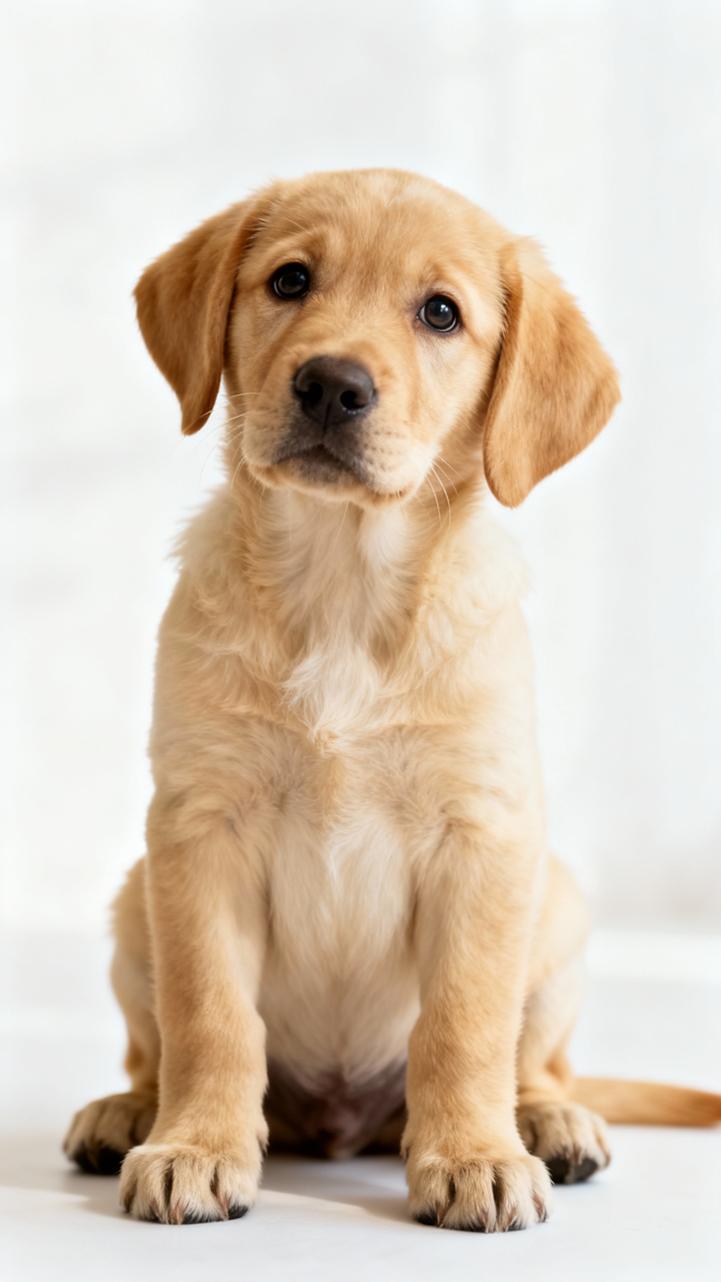 Labrador puppy making eye contact on plain white background