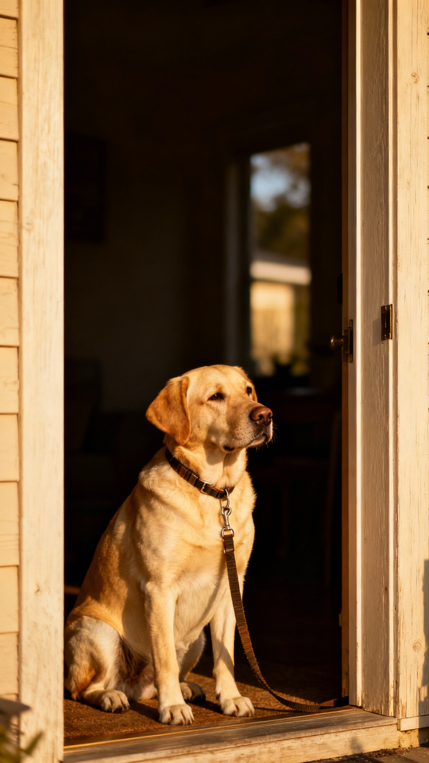 Labrador sitting calmly at doorway with leash, natural light