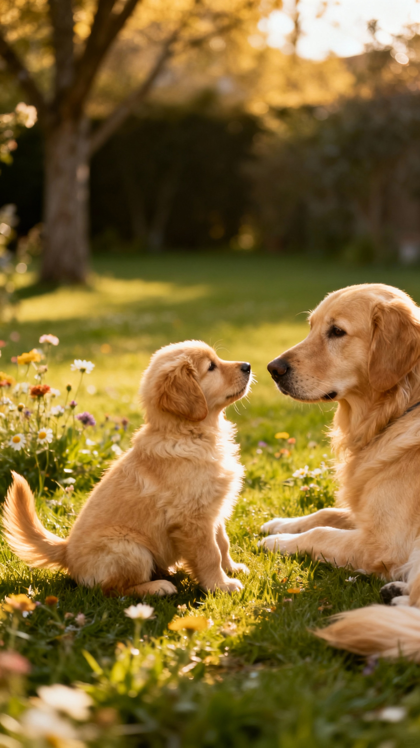 Golden retriever puppy meeting a gentle adult dog outdoors