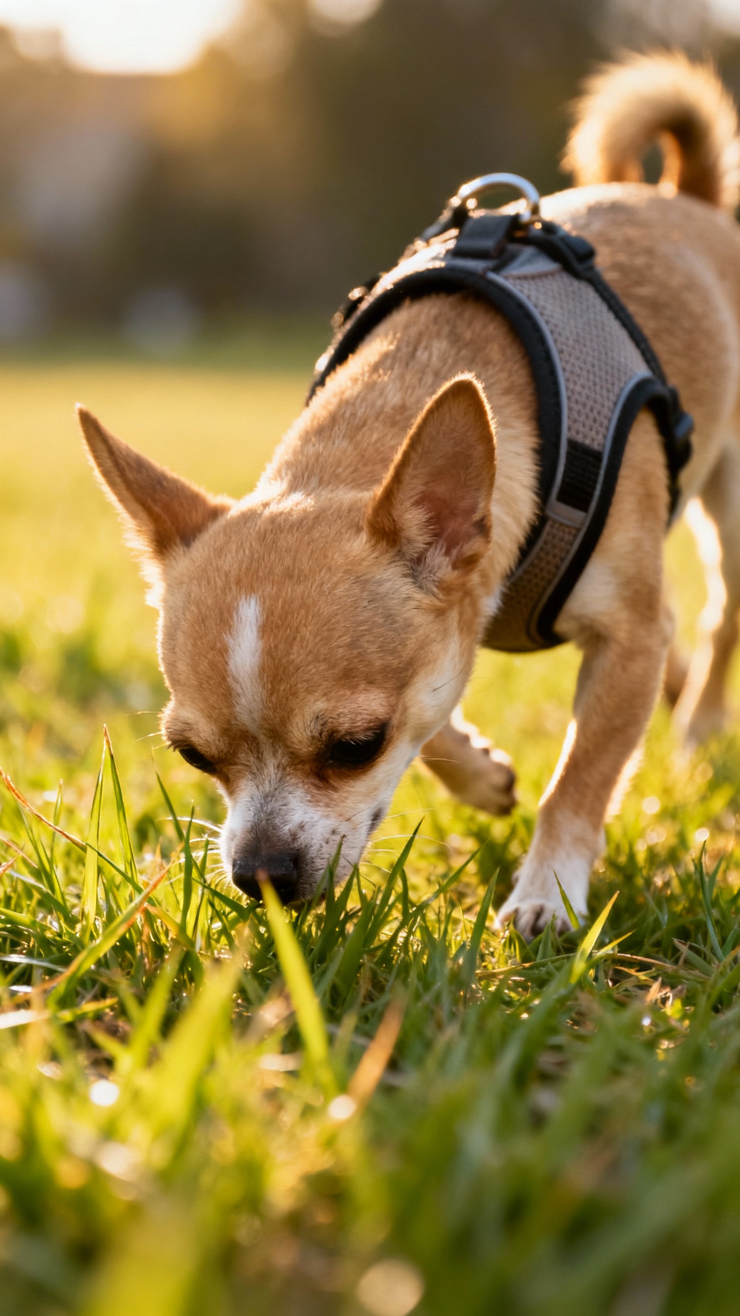 Chihuahua walking with fitted harness, sniffing grass