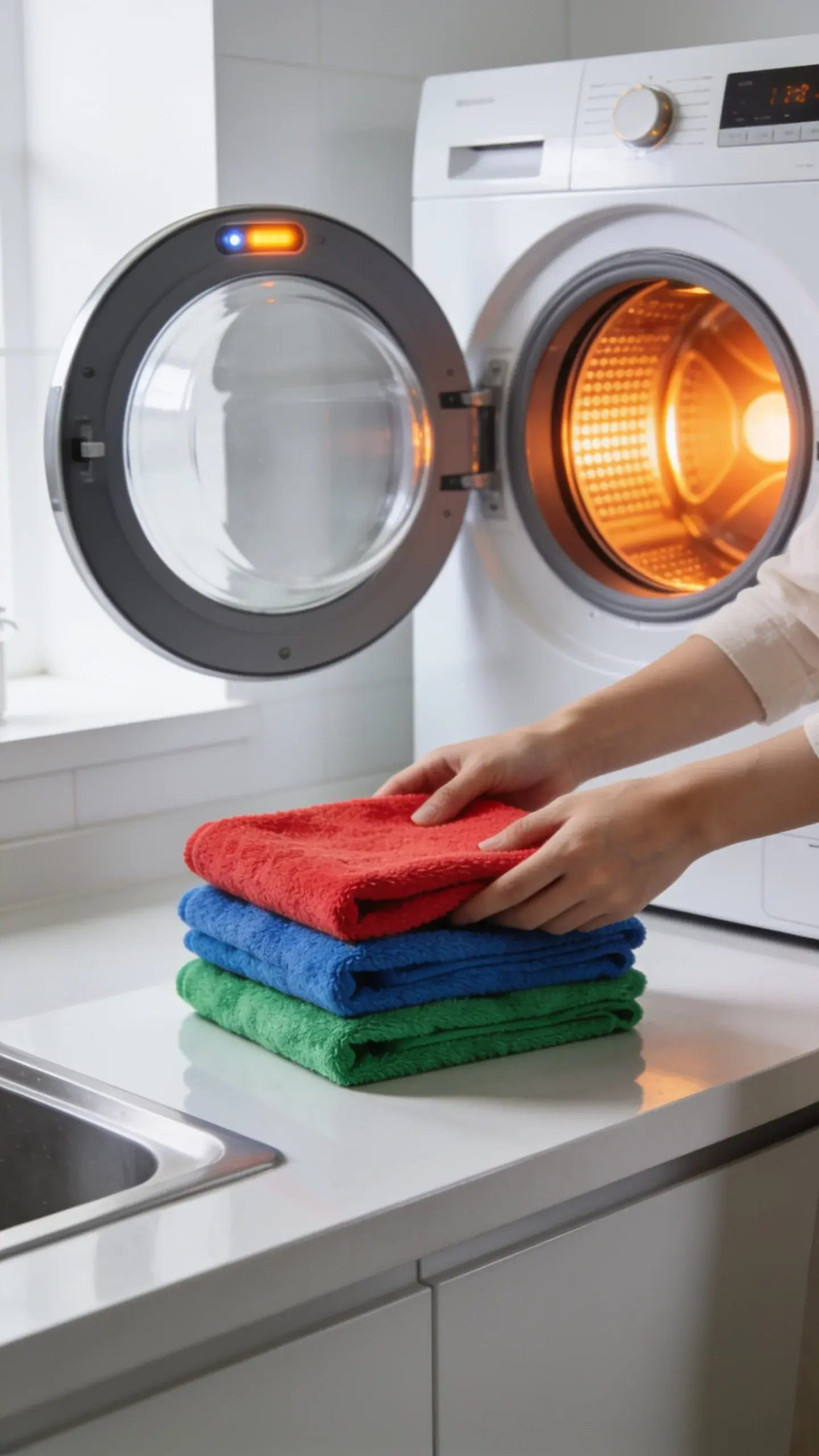 A bright kitchen scene showing a person’s hands reaching for neatly stacked, color-coded microfiber cloths labeled by area: red for bathroom, blue for kitchen counters, green for appliances. Nearby, a washing machine door is open with a hot-water setting light on, emphasizing hygienic laundering; no text, clean modern aesthetic.