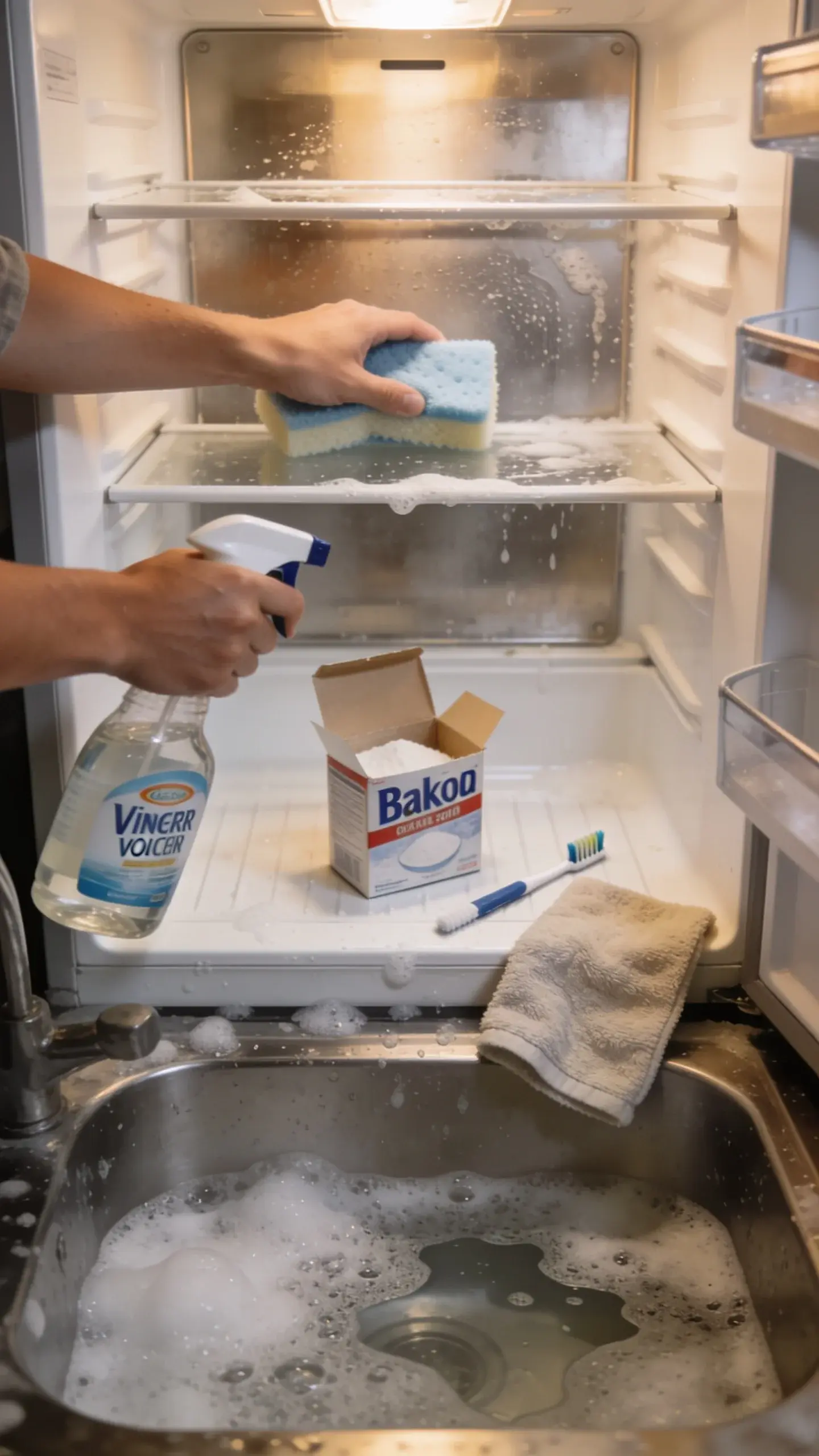 Close-up interior of a refrigerator being deep-cleaned: drawers and shelves removed and set aside in a sink with soapy water, someone wiping the fridge walls with a sponge and spray bottle of vinegar solution. A small open box of baking soda sits on a clean shelf, and a microfiber cloth and toothbrush for crevices lie nearby.