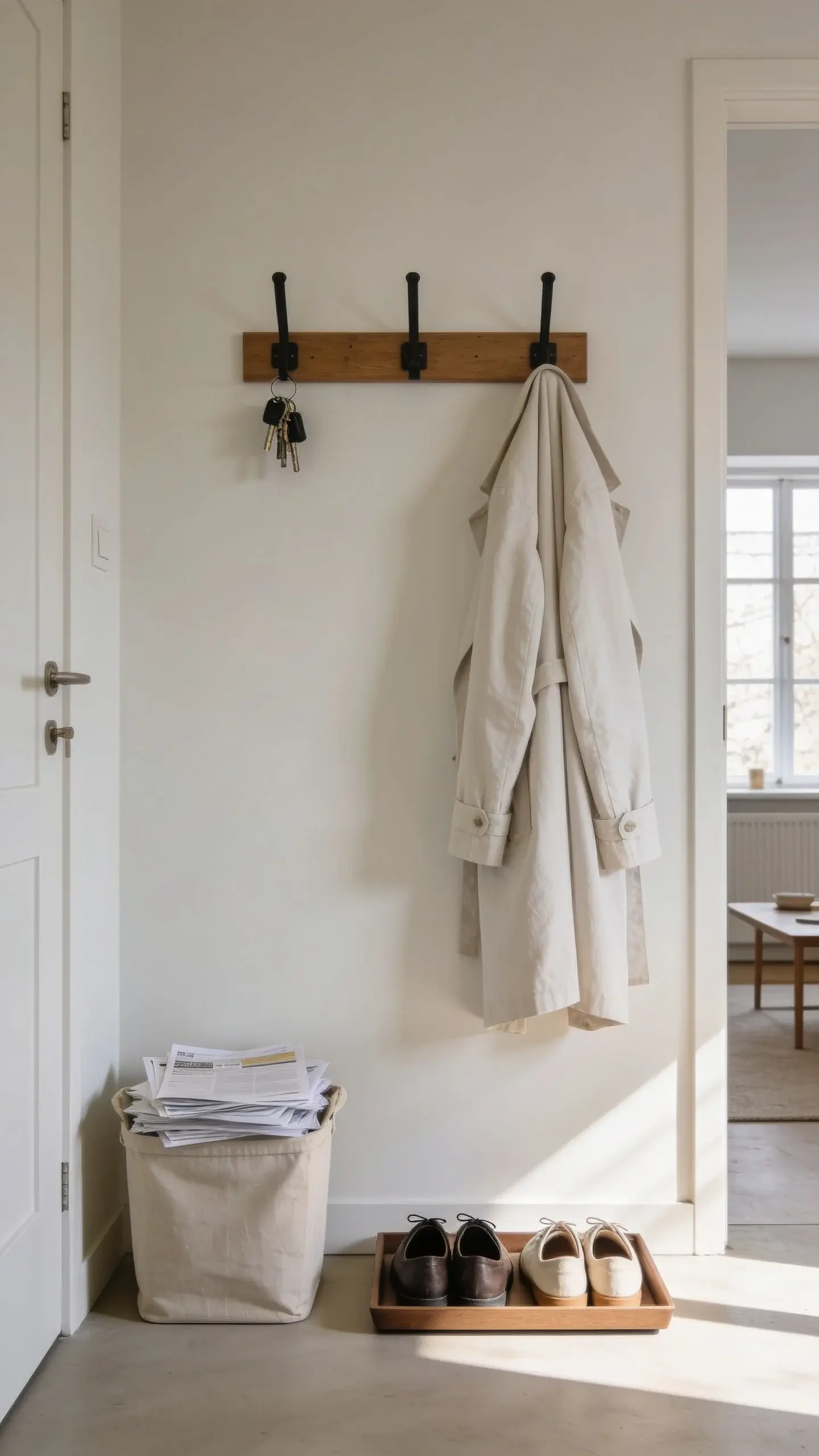 A minimalist entryway scene: wall hooks with keys and a light jacket, a small tray neatly holding two pairs of shoes, and a labeled-looking (but no text) bin catching a stack of mail. Clean lines, soft morning light, calm color palette, conveying an effortless, organized daily reset.