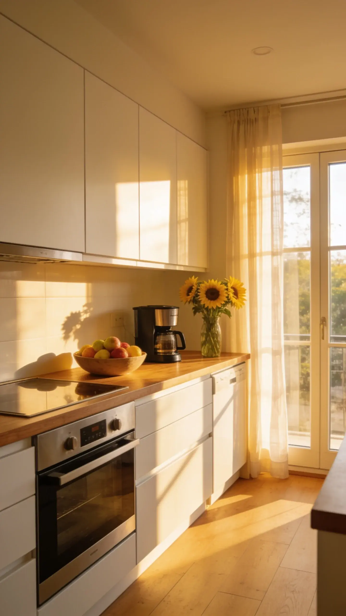A bright, tidy modern kitchen at golden hour: a person’s hand placing a dish into an open dishwasher while a saucepan soaks in a soapy sink, a damp cloth folded on the counter. Subtle details show “30-second reset” cues—three items straightened: tea towel aligned, cutting board put away, sponge in a small caddy. No text, natural light, warm, inviting.