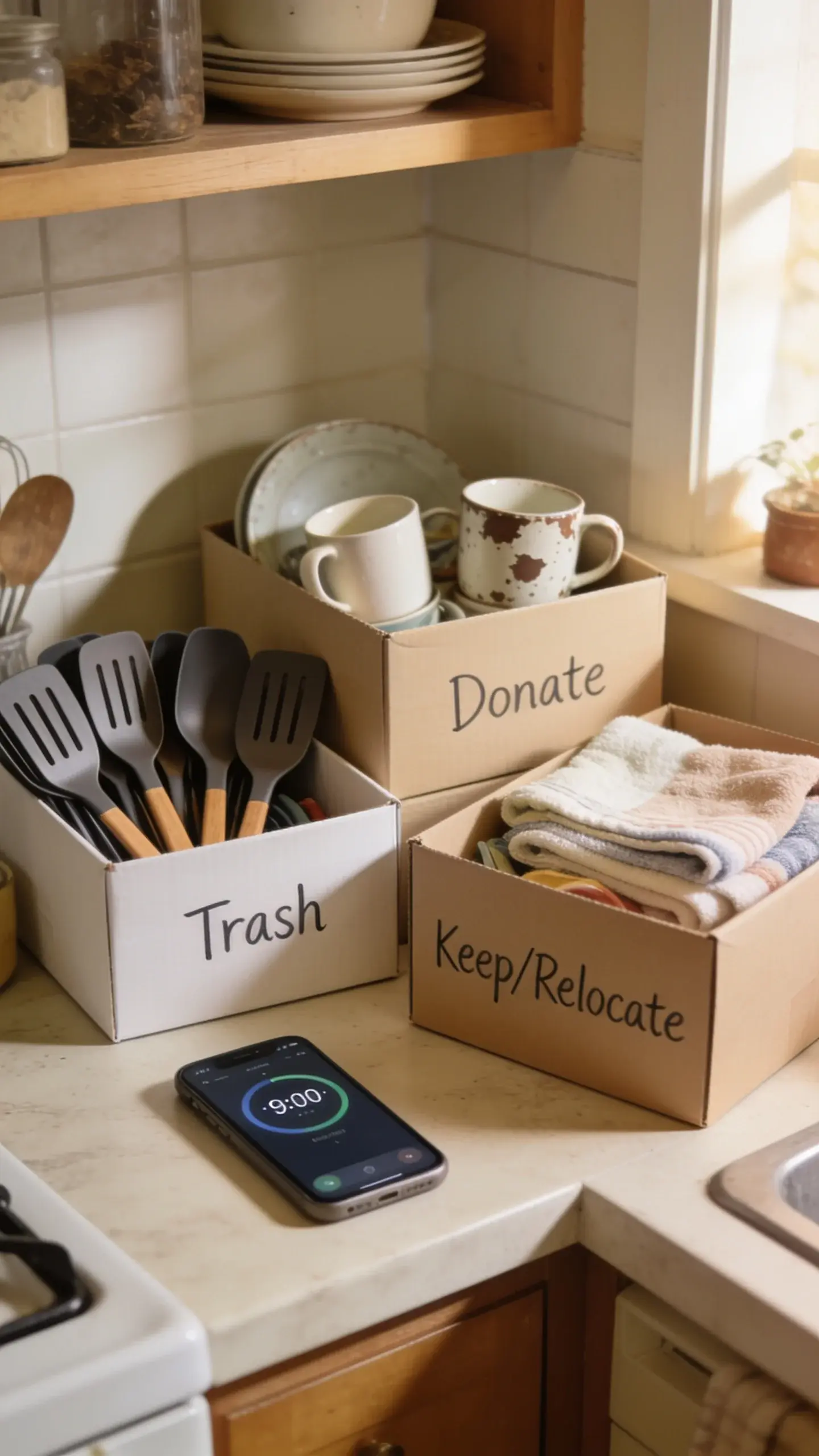 A cozy, lived-in kitchen scene during a 30-minute declutter: a small countertop with three clearly labeled boxes (Trash, Donate, Keep/Relocate) filled with realistic items like duplicate spatulas, chipped mugs, and extra dish towels; a phone on the counter shows a running timer; soft natural morning light, warm neutral tones, no text on image.