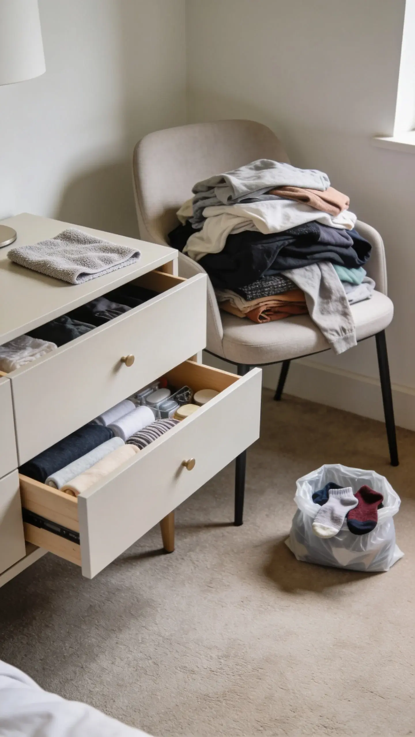 A tidy bedroom corner mid-declutter session: open dresser drawer with neatly folded essentials, a nearby chair holding a Donate pile of gently used clothes, a small Trash bag with worn socks, and a microfiber cloth on the nightstand; calm afternoon light, minimal modern style, subtle sense of progress without perfection, no text on image.