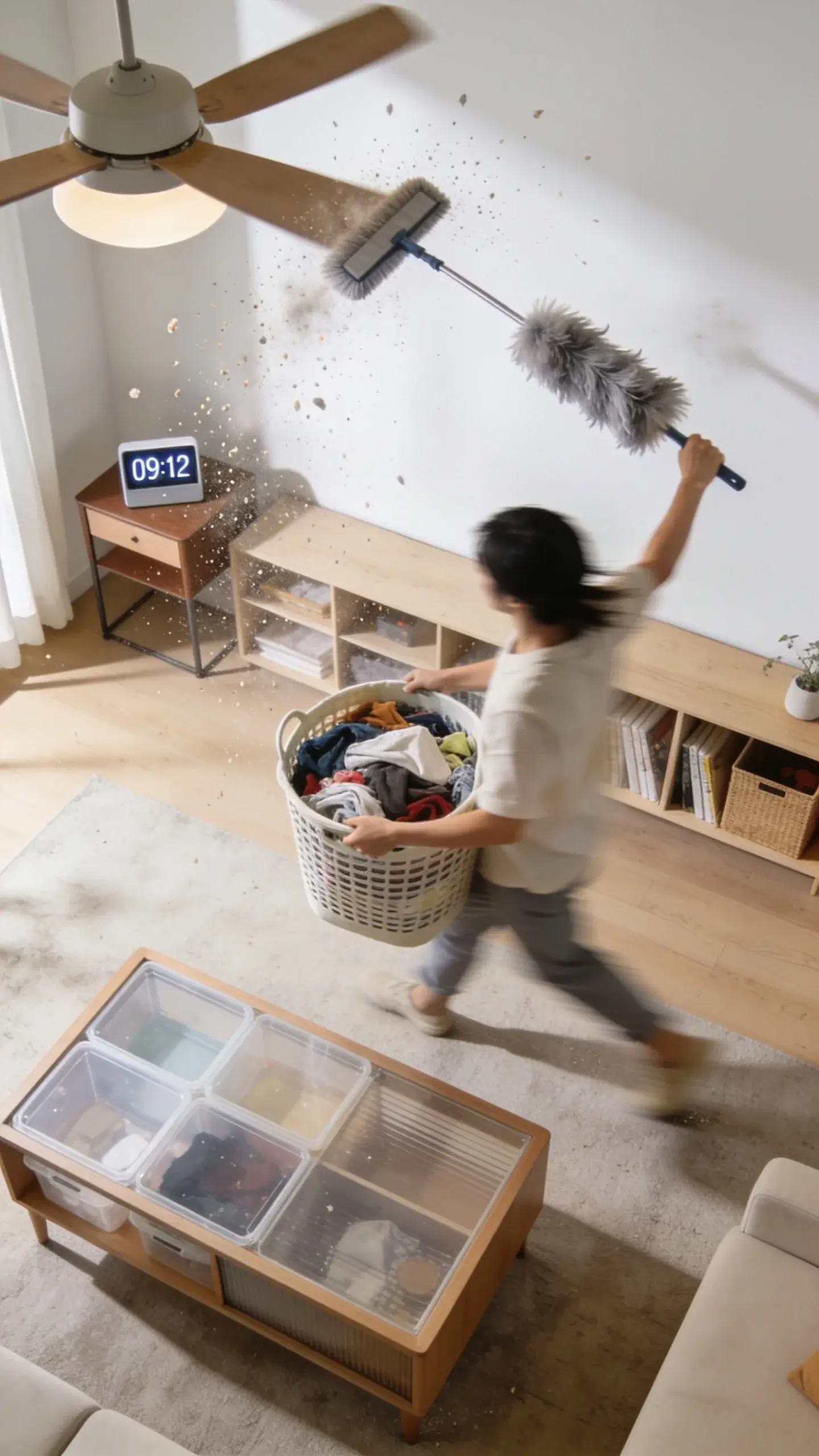 A bright, modern living room mid-declutter: a person speed-walking with a large laundry basket filled with mixed items, clear zones emerging on a coffee table and shelves, visible timer on a side table reading 09:12, natural daylight, clean lines, no text. Emphasize “top-down” action with a feather duster reaching a ceiling fan while dust motes fall.