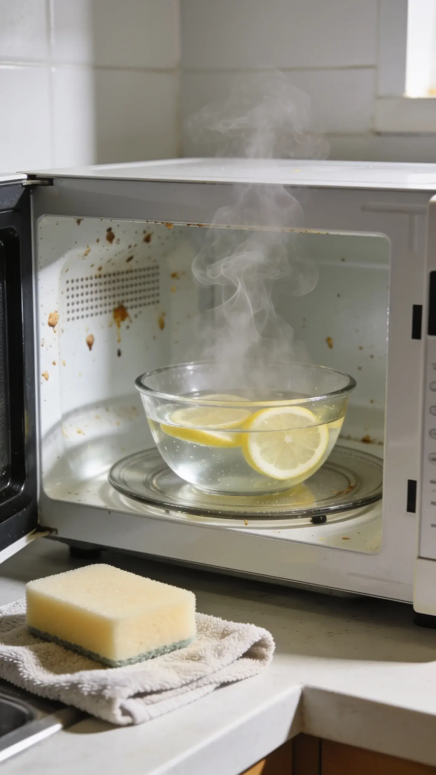 A close-up of a kitchen microwave interior with visible food splatters, a heat-safe glass bowl of water with lemon slices inside the microwave, steam beginning to form, and a clean sponge and microfiber cloth on the counter nearby; bright natural kitchen light, no text.