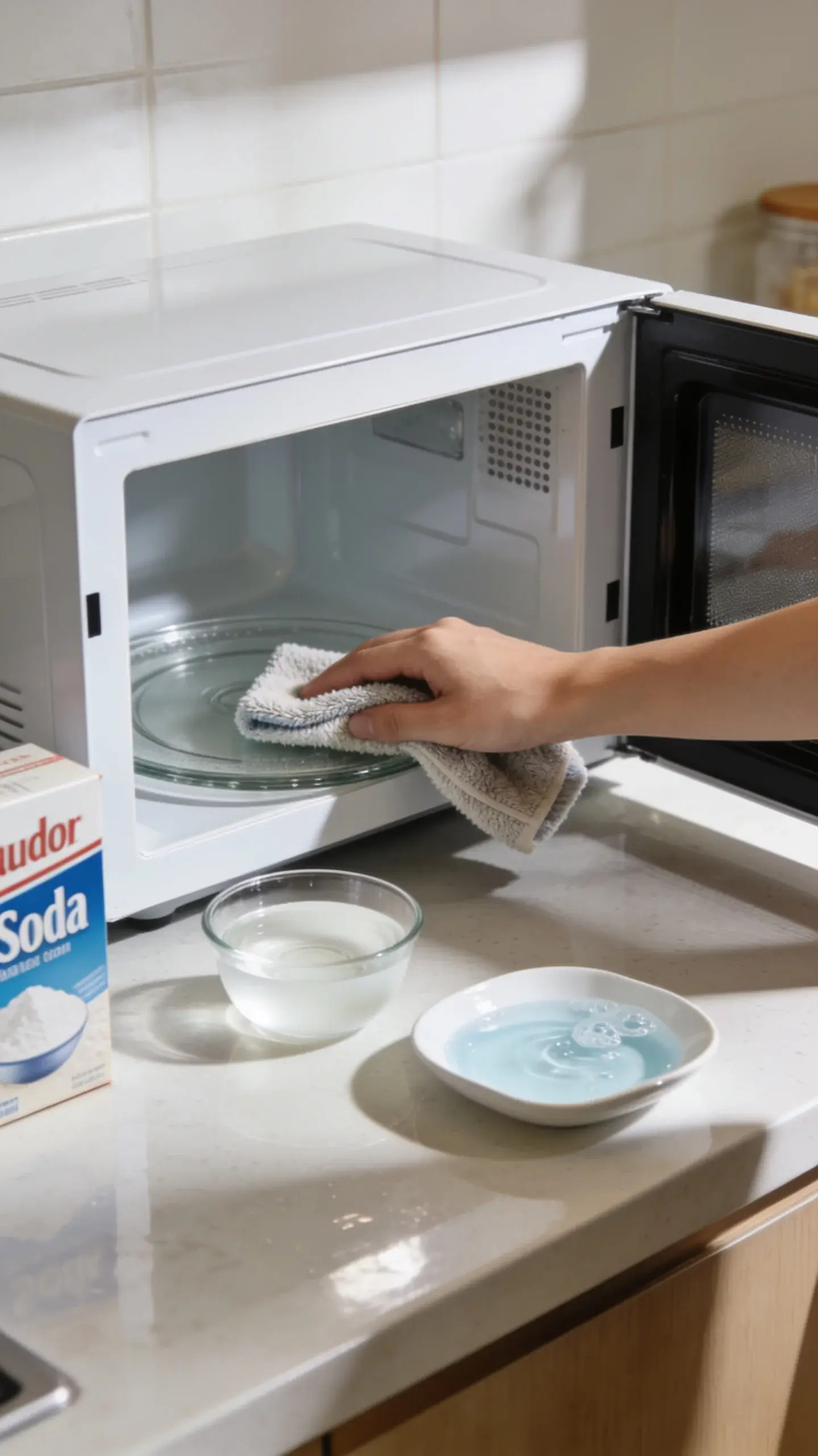 A tidy countertop scene showing an open microwave door being wiped clean: a hand with a microfiber cloth wiping the glass turntable, with a small bowl of white vinegar, a box of baking soda, and a dish of diluted dish soap arranged neatly beside it; modern kitchen, soft daylight, no text.