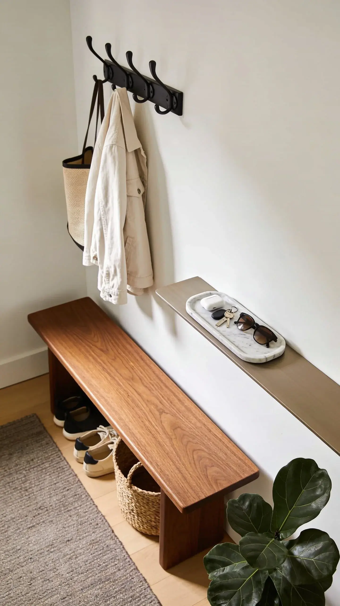Warm, modern entryway with natural light: a narrow wooden bench with a woven basket of shoes underneath, a matte black hook rail holding a tote and light jacket, and a shallow marble tray on a slim console neatly holding keys, earbuds, and sunglasses; clean white walls, muted rug, leafy plant for softness.