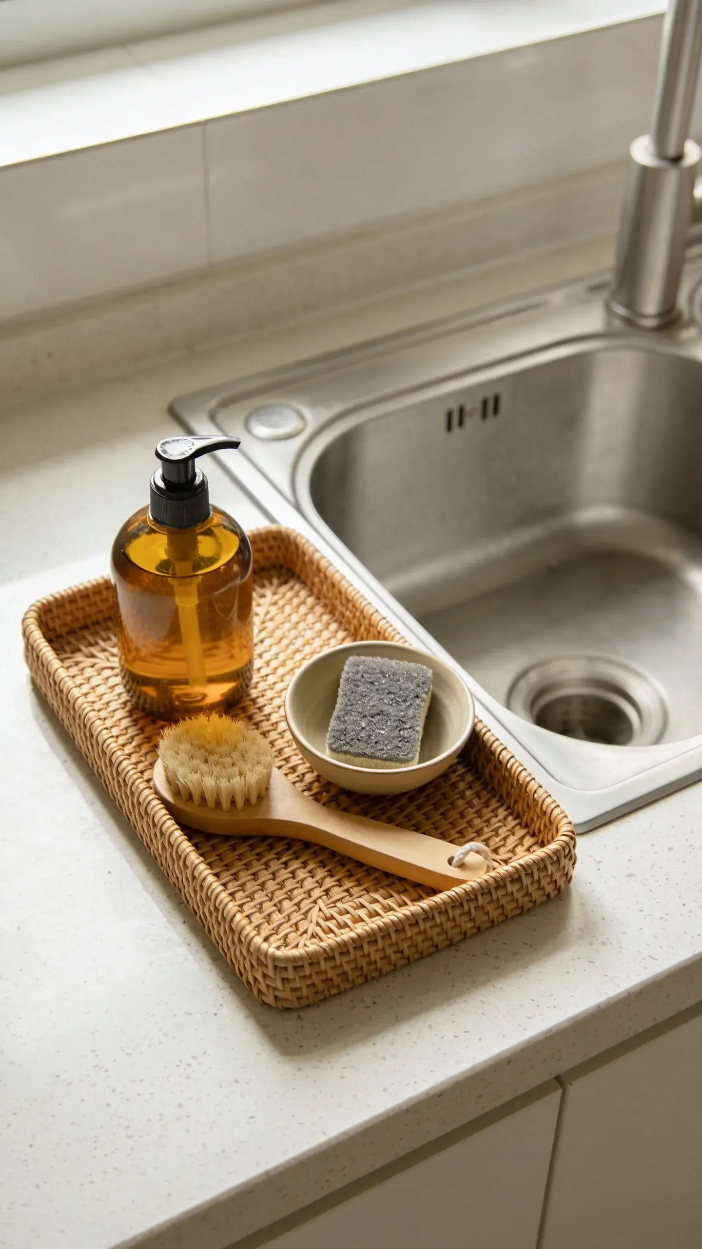 Minimal kitchen counter vignette: a single rectangular rattan tray corraling daily-use items—hand soap in an amber pump, dish brush, small ceramic bowl for sponge—set beside a stainless sink; light quartz countertop, soft morning light, no clutter beyond the styled catchall.