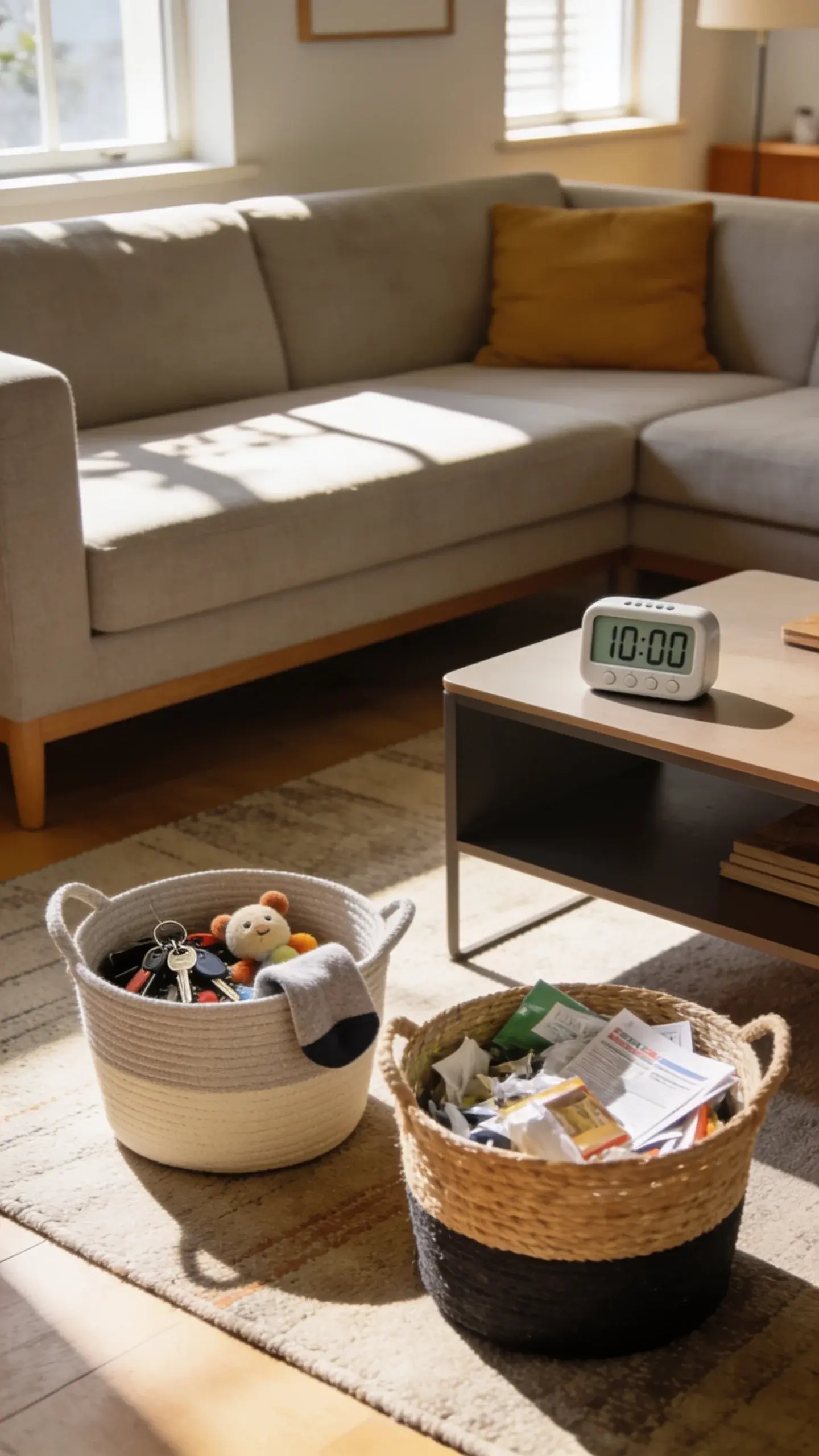 A cozy, sunlit living room mid-tidy: two simple baskets on a rug—one labeled visually with mixed household items (keys, toy, sock) inside, the other filled with trash and recycling like packaging and junk mail; a visible kitchen timer on a coffee table showing 10 minutes, neutral palette with pops of color, clean modern style, no text.