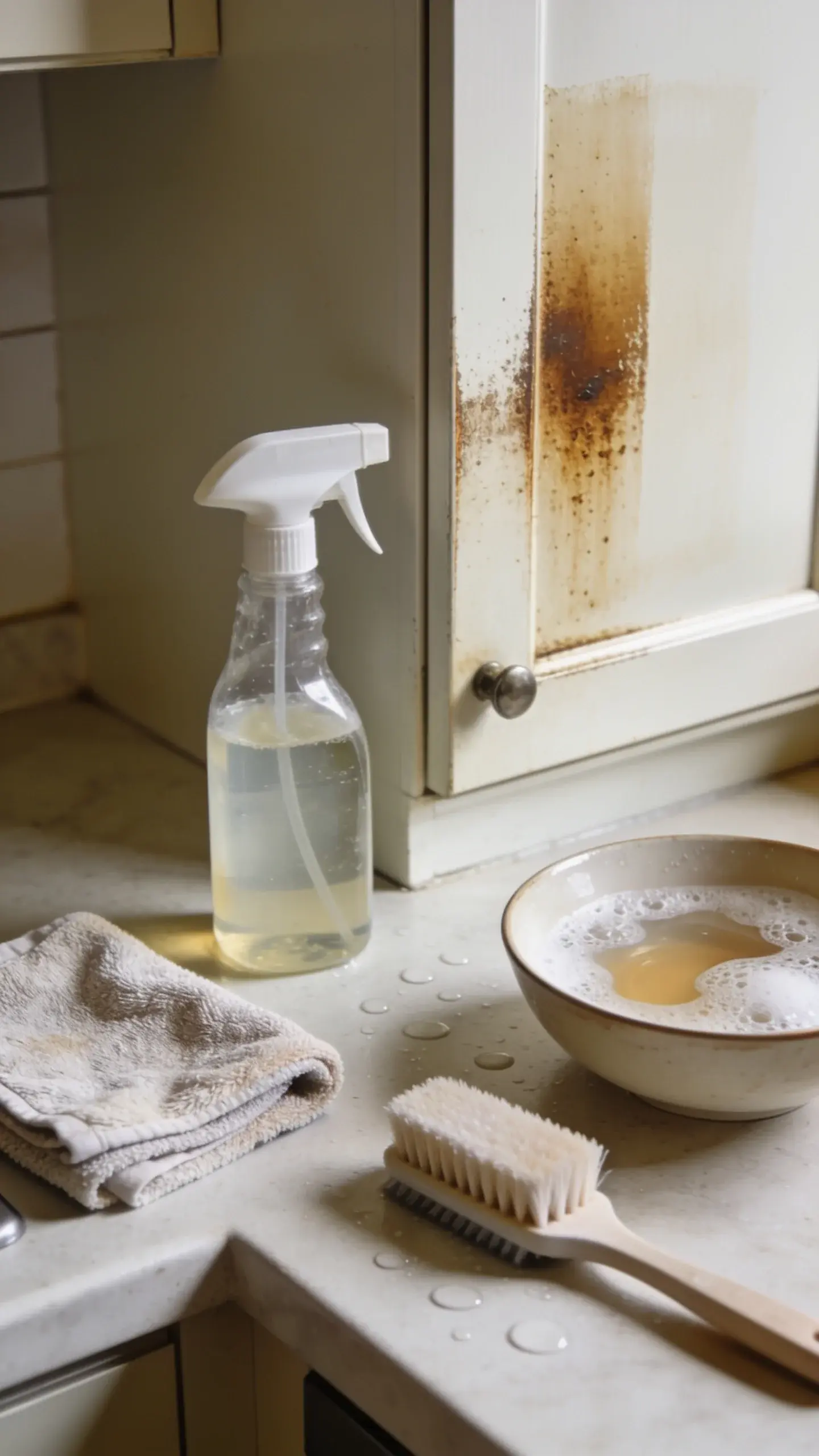 Step-by-step cleaning scene on a kitchen counter: spray bottle of diluted degreaser, microfiber cloth, soft-bristle brush, and a bowl of warm soapy water beside a partially cleaned cabinet door showing a clear before-and-after grease contrast, natural daylight.