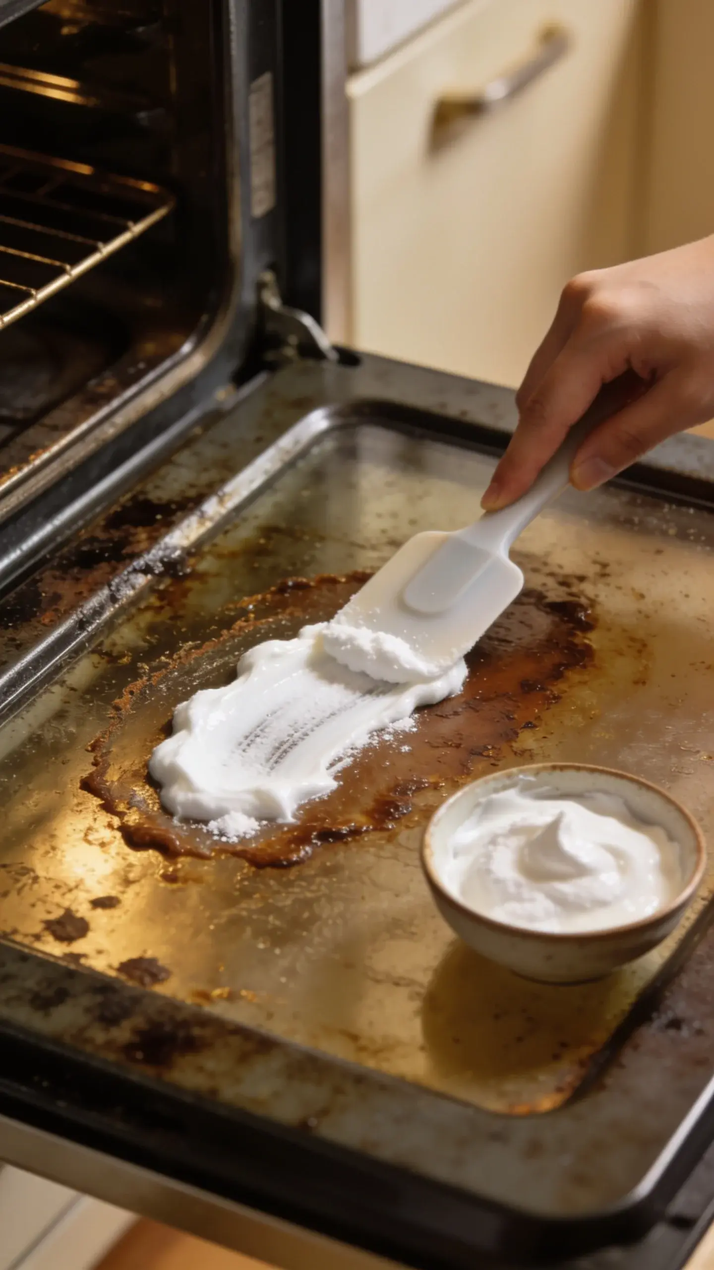 Close-up of a grimy oven door being cleaned: a hand spreads a thick white baking soda gel with a silicone spatula over brown baked-on grease, a small bowl of paste nearby, warm kitchen lighting, no text.