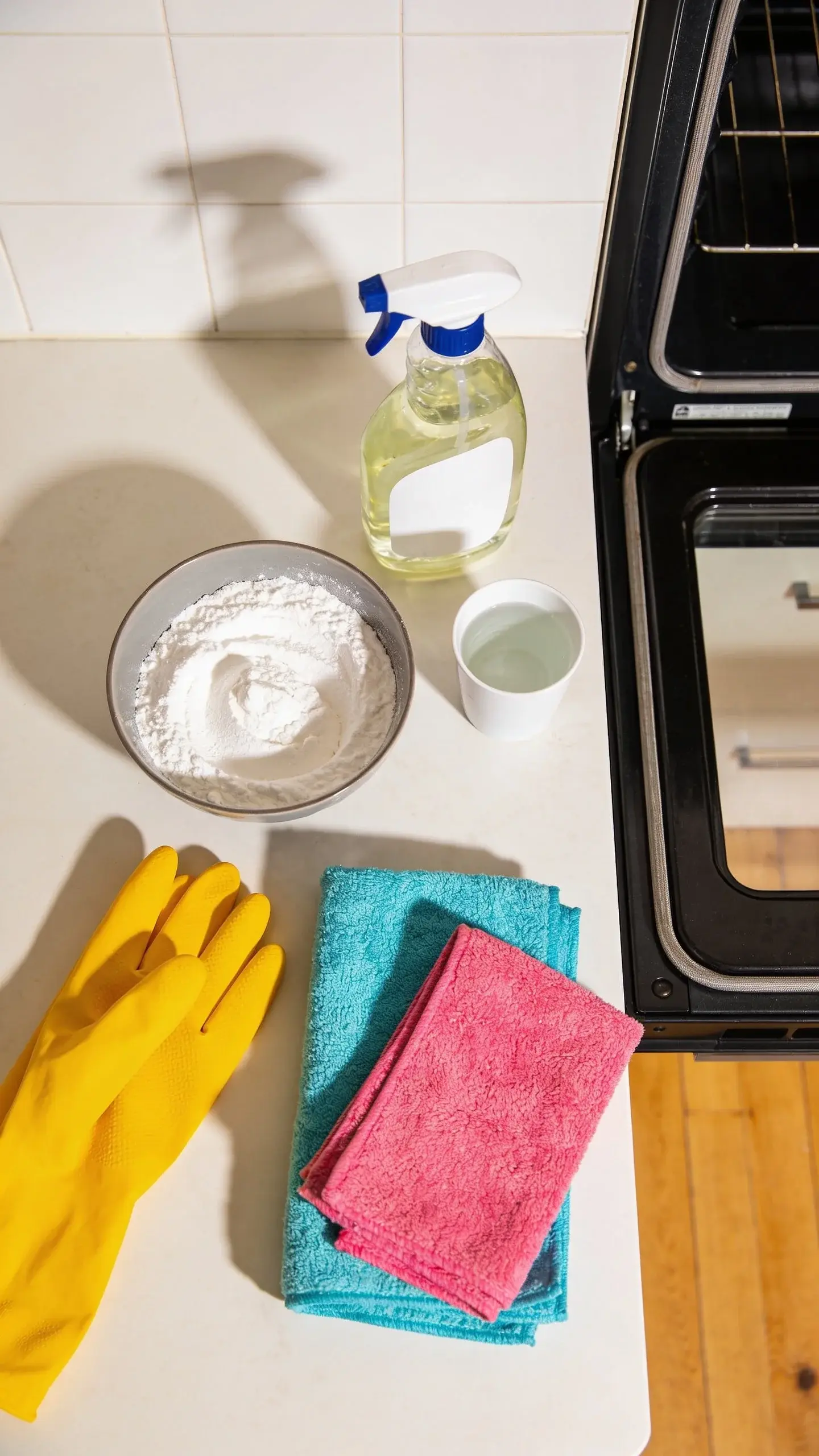 Overhead shot of a tidy kitchen counter setup for deep cleaning: bowl of baking soda paste, bottle of dish soap, small cup of vinegar, microfiber towels, and rubber gloves arranged neatly beside an open oven with the door down, bright natural light, modern but lived-in kitchen.