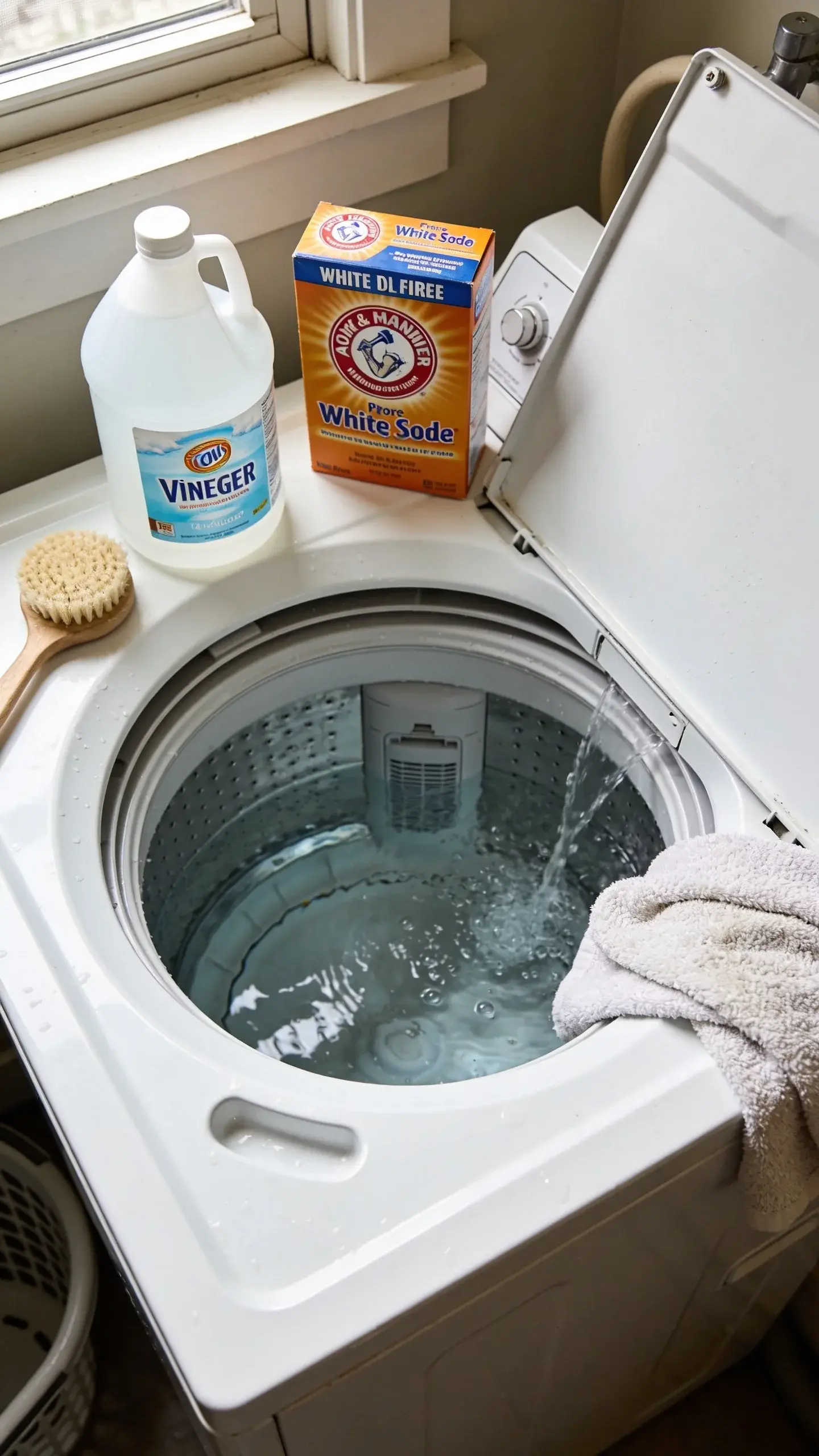 Overhead view of a top-loading washing machine mid-clean: drum filled with hot water, white vinegar and baking soda boxes nearby, a scrub brush and microfiber cloth on the rim, and the machine lid propped open to air out in a tidy laundry nook, natural daylight, no text.