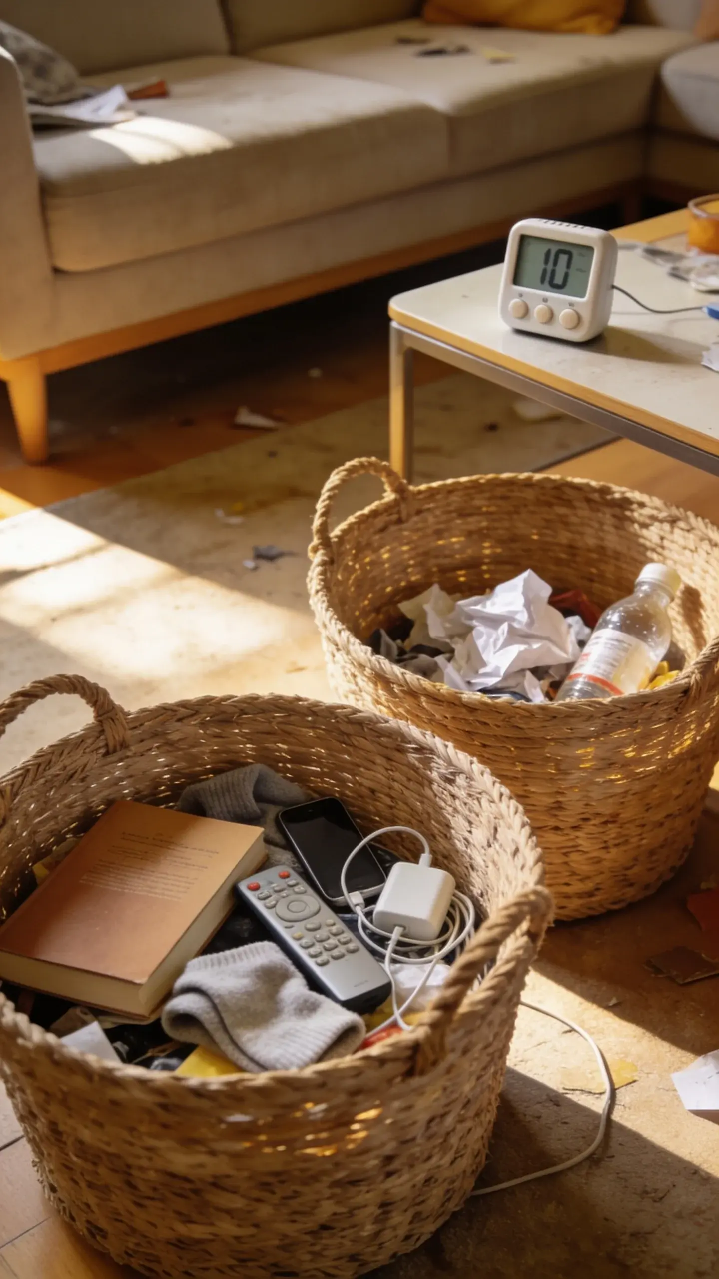 A cozy, slightly messy living room in daylight with two empty woven baskets on the floor labeled by context only: one filled with mixed household items like a book, remote, socks, and a phone charger; the other holding obvious trash like crumpled paper and an empty bottle; a visible kitchen timer on a coffee table showing 10 minutes, no text on screen.