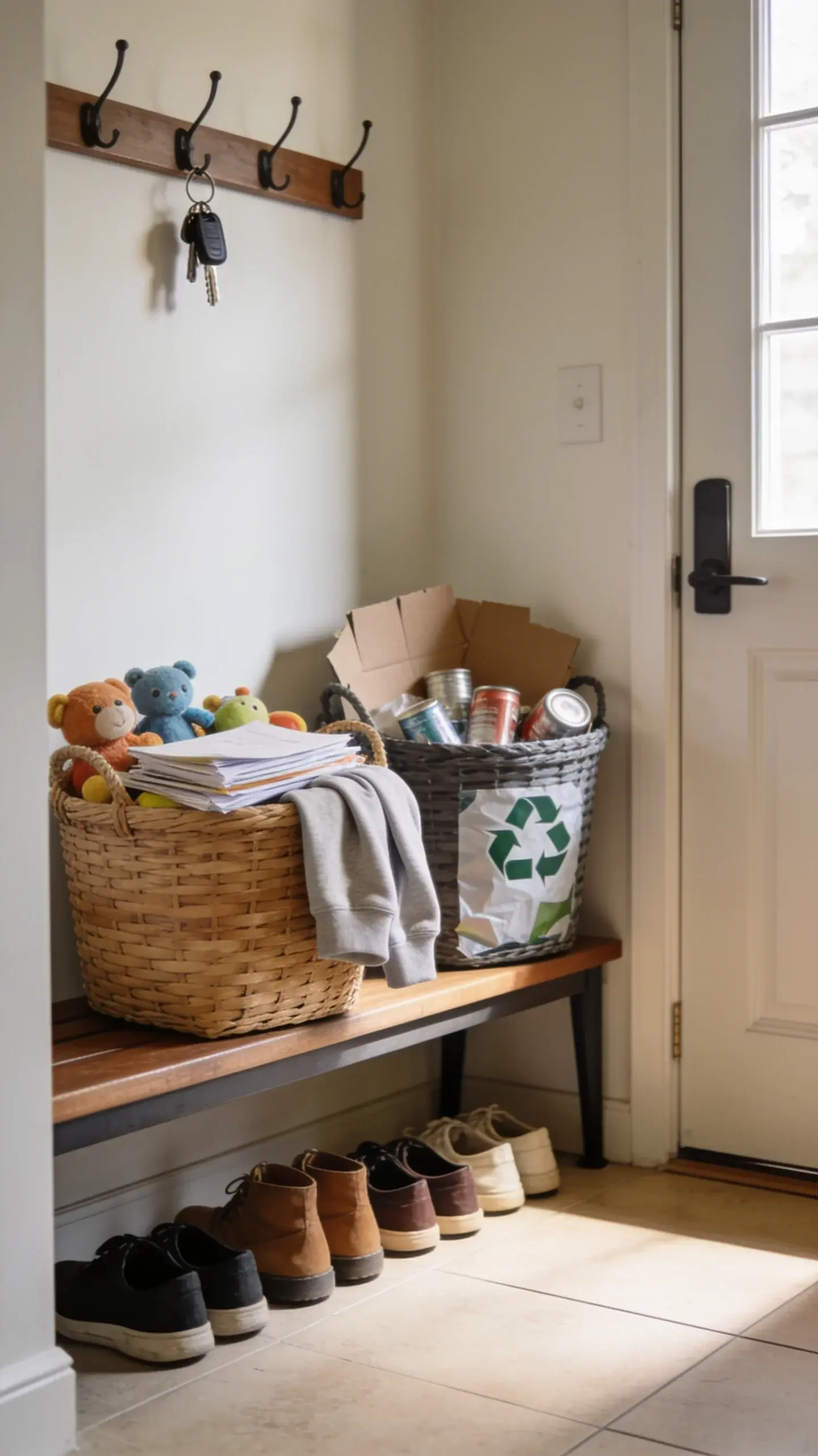 A hallway staging area by a front door: two sturdy baskets parked on a bench, one containing neatly grouped items to be relocated (toys, mail stack, folded sweatshirt), the other with recycling (flattened cardboard, cans); shoes lined up, keys on a hook, and clear walking space suggesting a final “drop-off lap,” natural morning light.