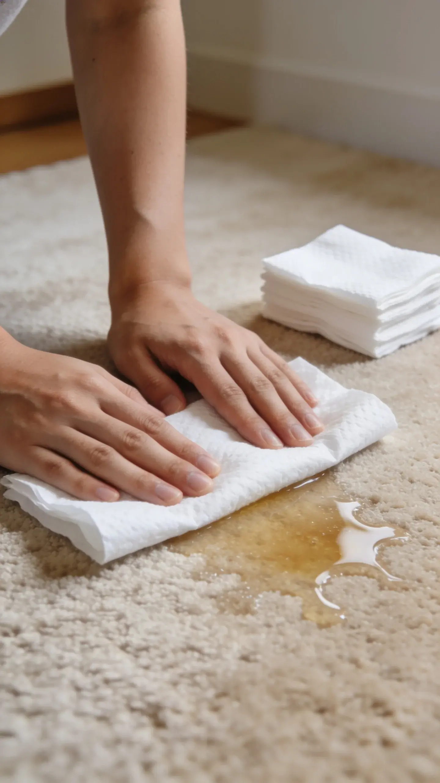 A close-up of a fresh urine spill on a beige carpet with a person pressing thick white paper towels firmly using both hands and body weight, a small stack of clean towels nearby, and soft natural indoor lighting.