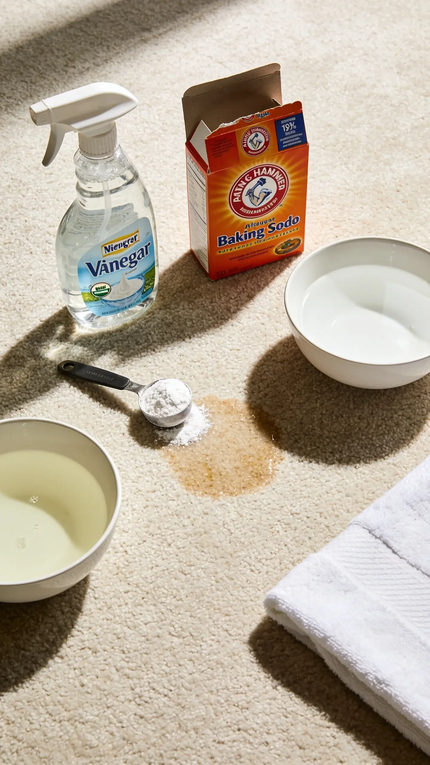 A top-down view of a carpet cleaning setup: a spray bottle labeled with clear liquid (vinegar) beside an open box of baking soda, a measuring spoon sprinkling baking soda over a damp spot on light-colored carpet, with a bowl of diluted vinegar mixture and a clean towel in frame, bright kitchen daylight.