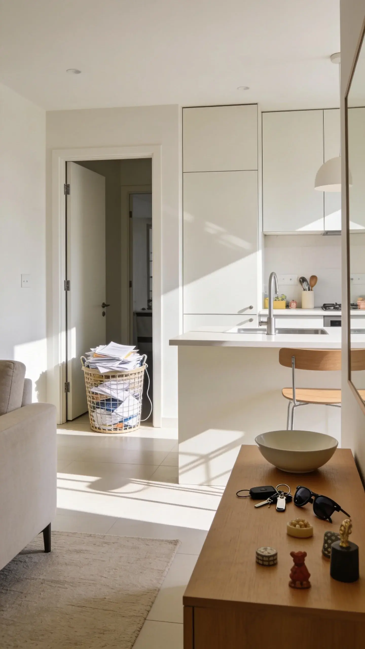 A bright, modern kitchen and living area immediately after a 10-minute surface sweep: clear countertops, empty coffee table, tidy entry console with a single bowl for keys; a single laundry basket filled with mail, chargers, sunglasses, and small knickknacks sits near the doorway, natural daylight and soft shadows.