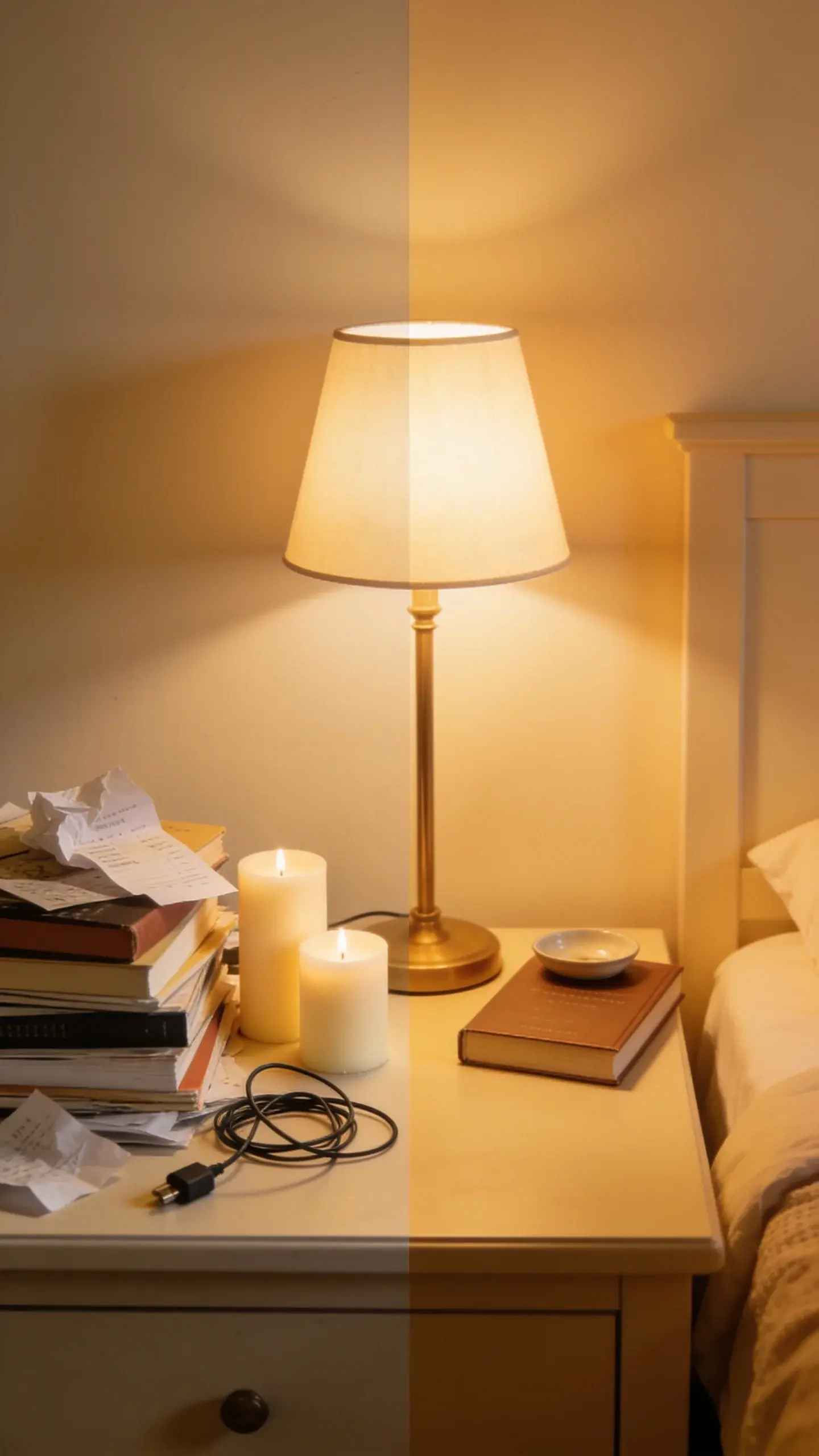 A cozy bedroom nightstand before-and-after in one frame: left side cluttered with stacked books, receipts, extra candles, and a tangled charger; right side minimal with a single lamp, one book, and a small dish; the removed items gathered neatly in a laundry basket at the foot of the bed, warm, inviting lighting.