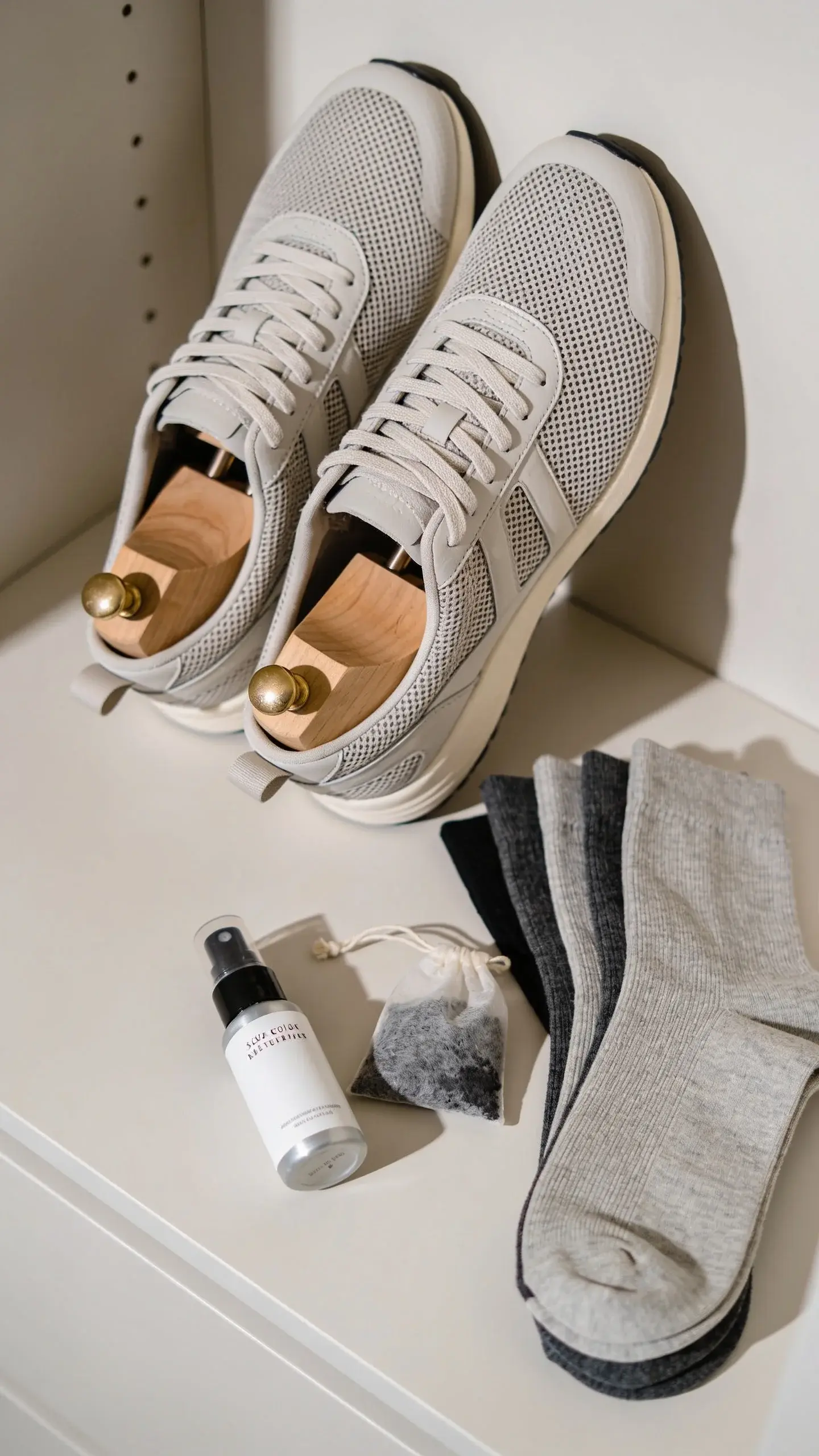 Overhead view of an organized entryway: breathable mesh sneakers propped open with cedar shoe trees, a few pairs of merino wool socks neatly folded, a small sachet of activated charcoal beside them, and a compact shoe deodorizer spray, modern minimal aesthetic, soft daylight, no text.