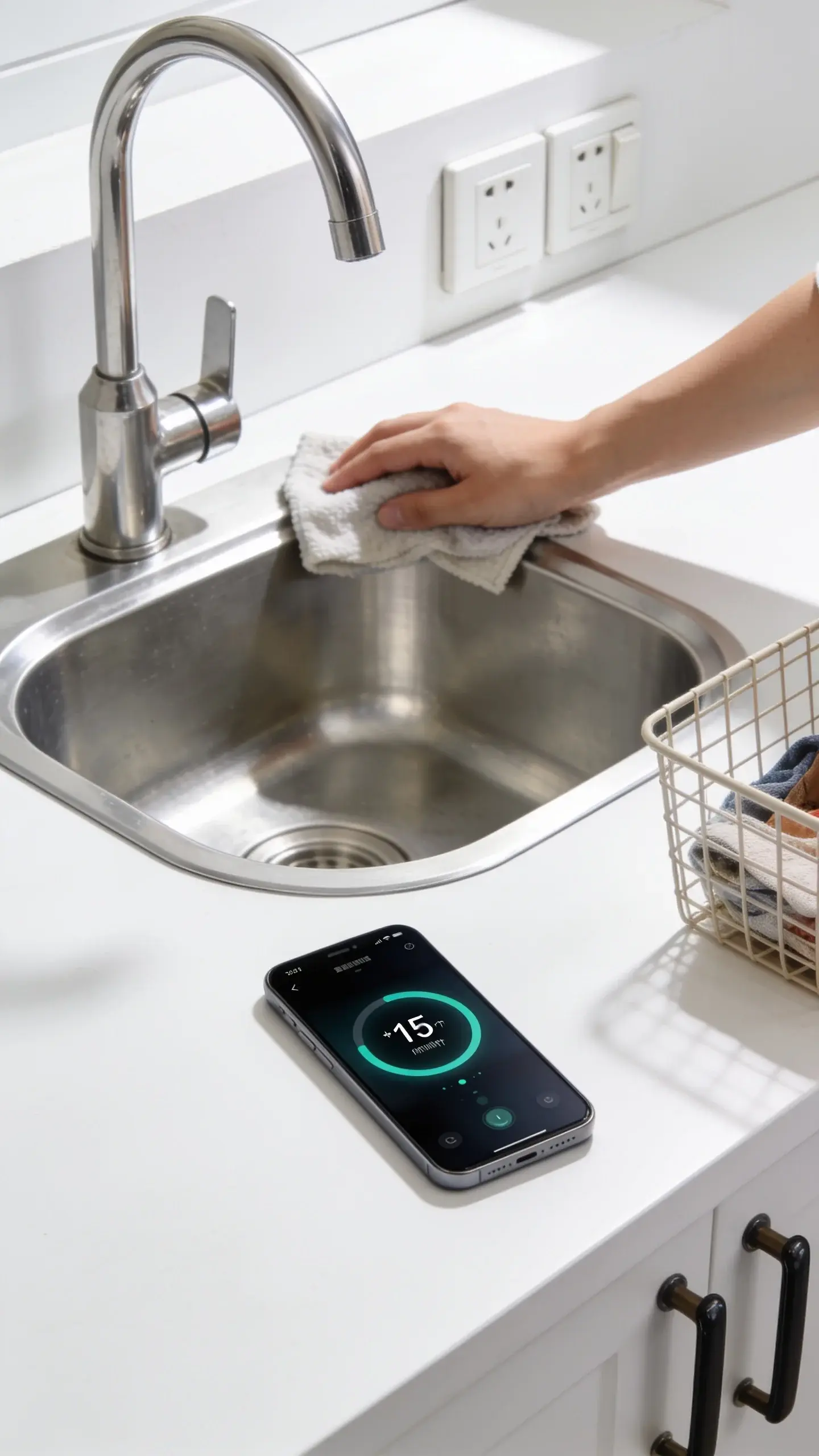 A bright, modern kitchen “power zone” in action: timer on a smartphone counting down 15 minutes on the counter, a person’s hand wiping the stainless sink and faucet, clutter quickly binned in a small basket, visible clean counters, light switches and handles being wiped, no text.