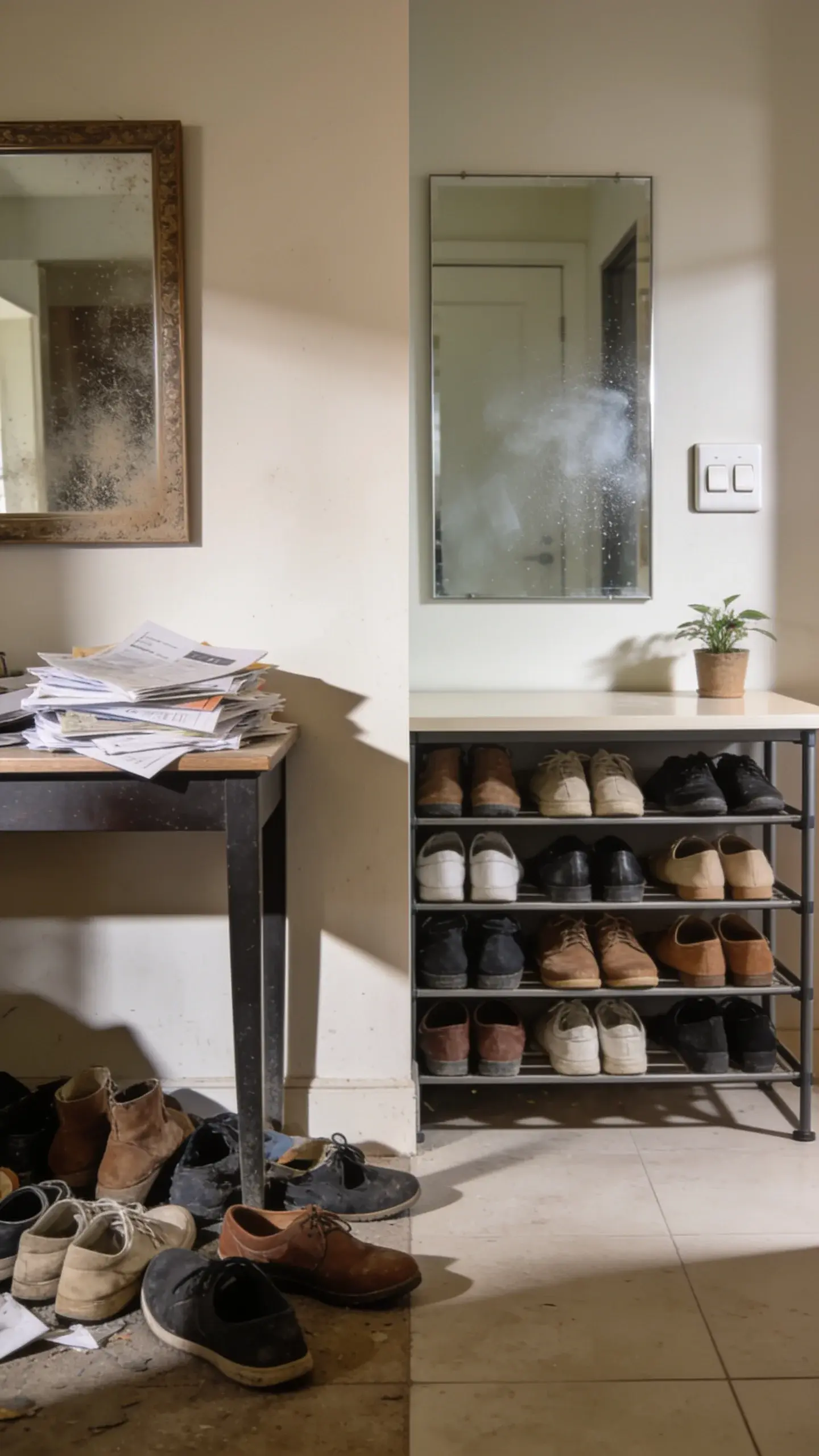 A tidy entryway transformation moment: before/after in one scene—left side with scattered shoes, mail pile, dusty mirror; right side organized with a shoe rack, wiped mirror, sanitized light switch, a small plant on a clean console table; warm natural light, no text.