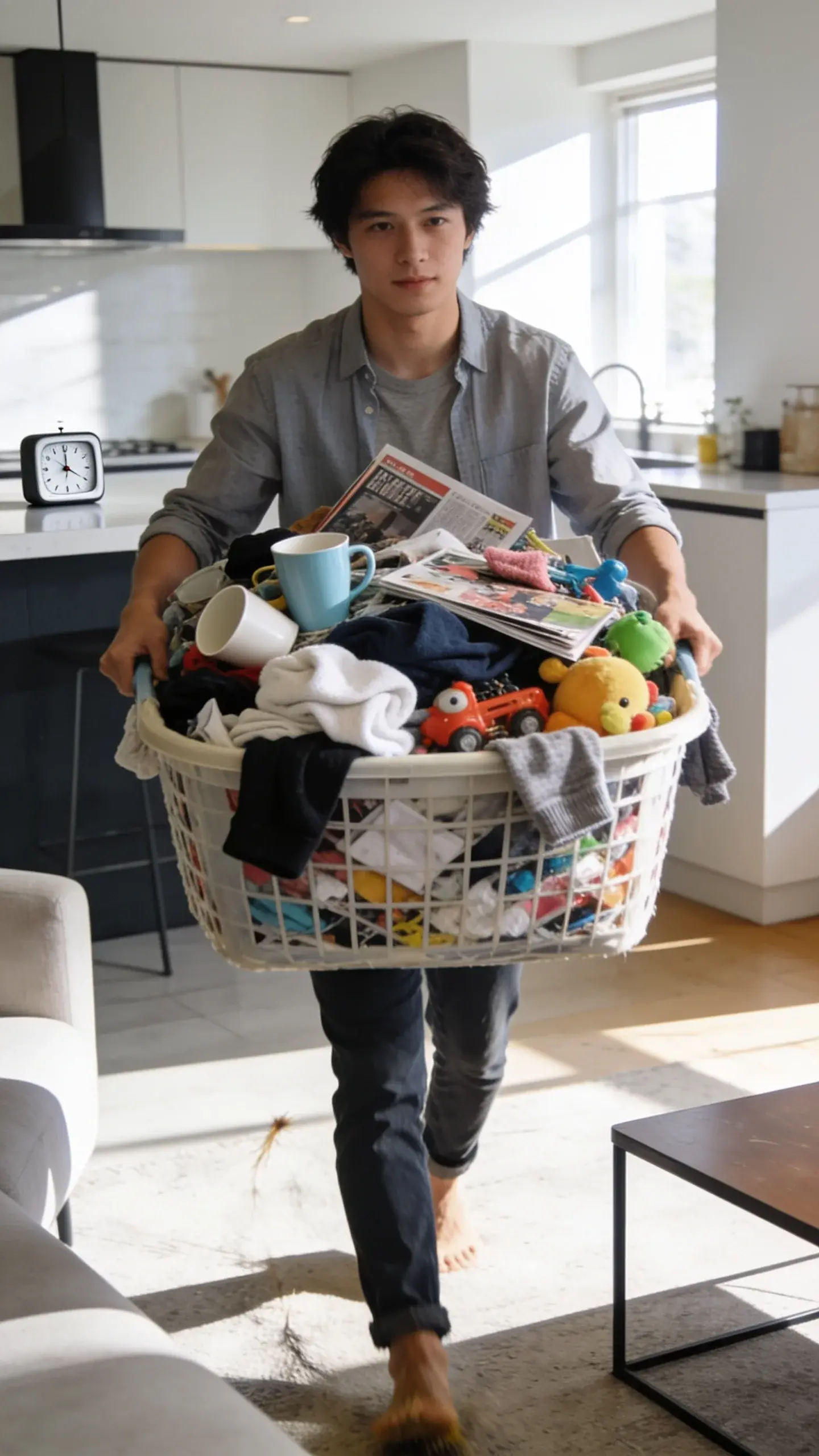 A bright, modern living room mid-clean: a person carrying a large laundry basket overflowing with mixed clutter (cups, socks, magazines, toys) doing a quick sweep through the room; cleared coffee table and visible timer on a countertop in the background, sunlit, crisp, realistic, no text.