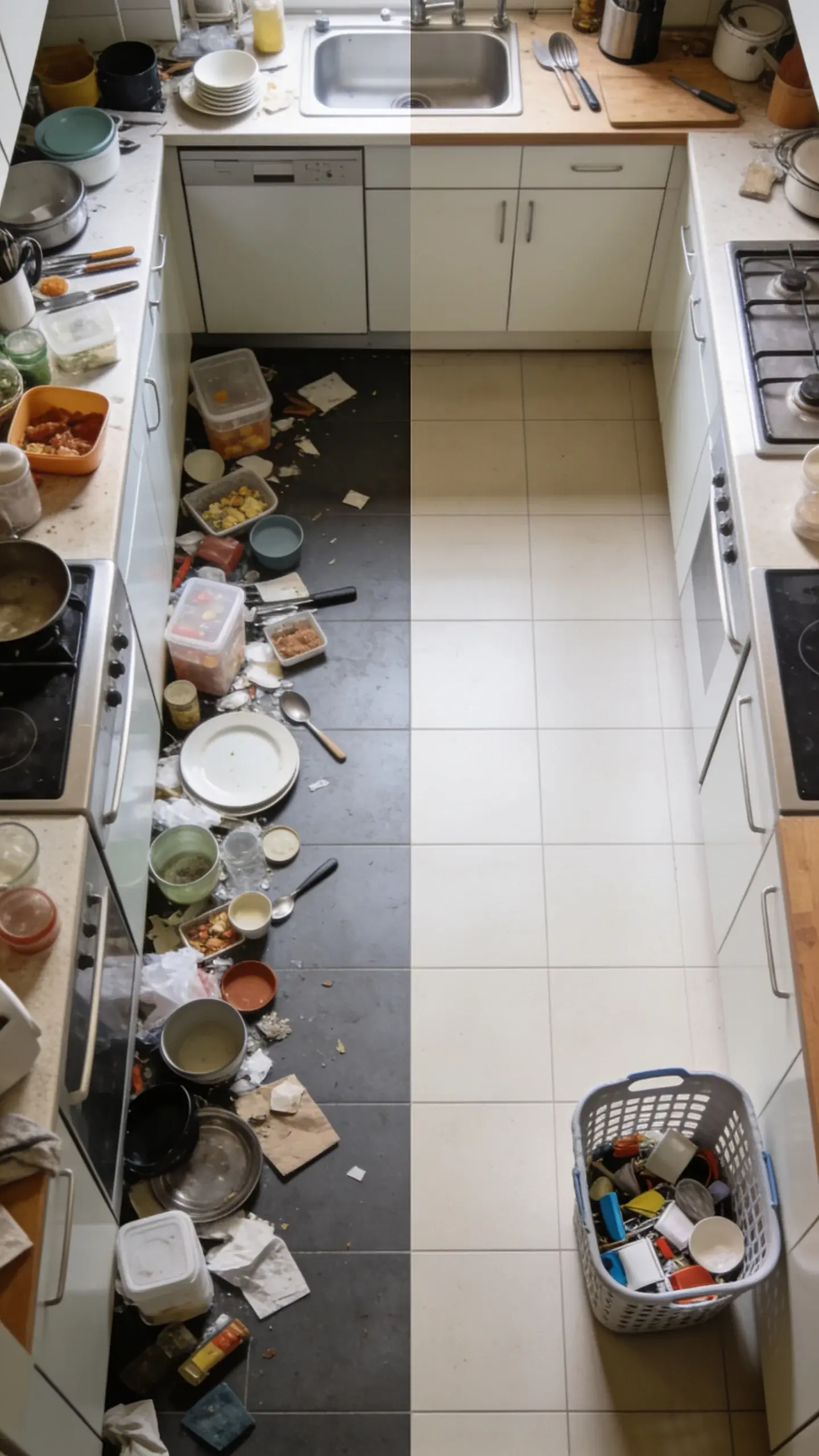 Overhead view of a kitchen before-and-after in one frame: left side cluttered with random items on counters and floor, right side same space with cleared counters and open floor, a single laundry basket filled with collected items set aside; clean, natural lighting, realistic, no text.