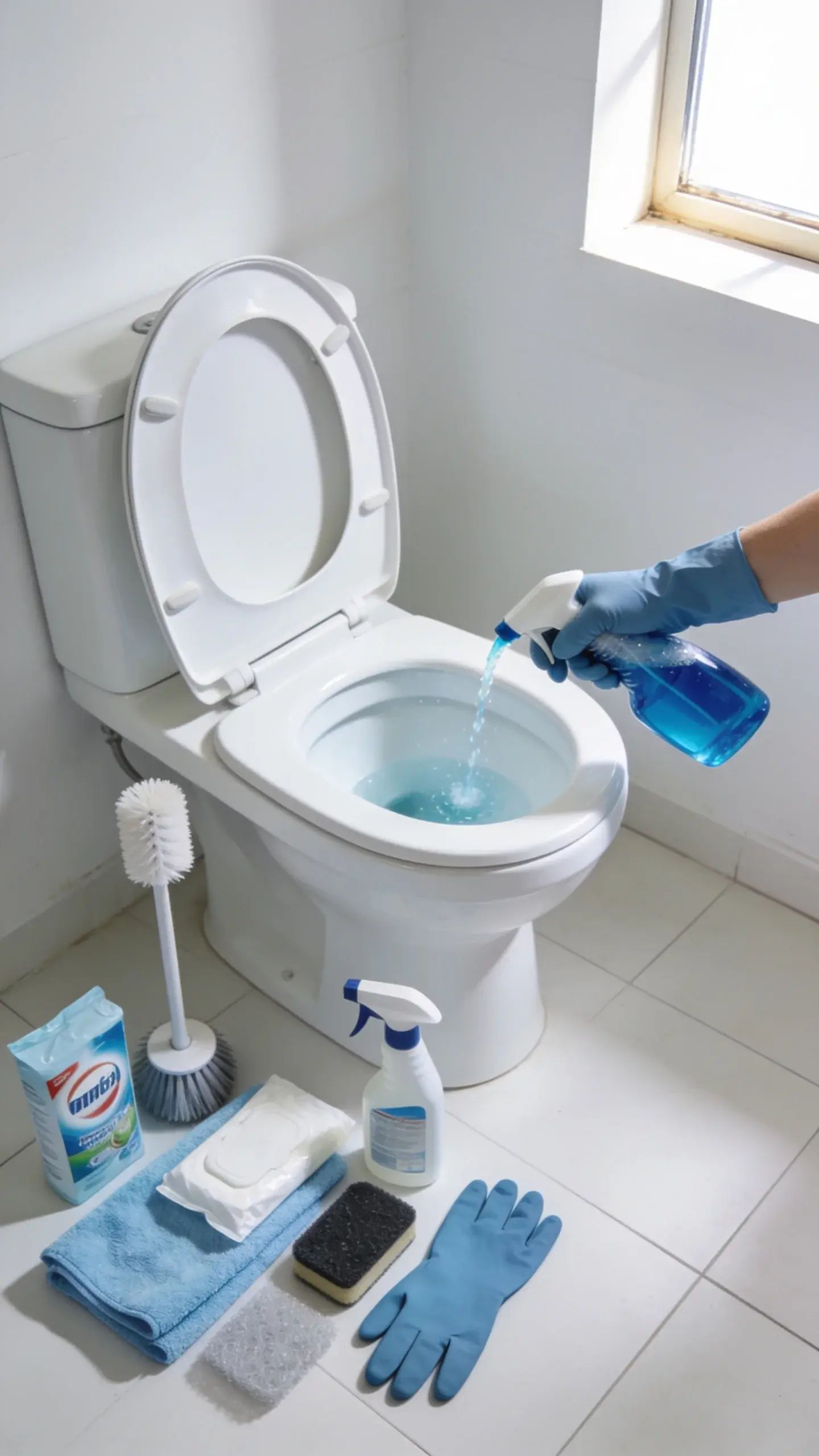 A bright, modern bathroom with a standard white toilet lid up, a gloved hand squirting blue toilet bowl cleaner under the rim, nearby on the floor a neatly arranged set of supplies: toilet brush, microfiber cloths, disinfecting wipes, spray bottle, scrub pad, and rubber gloves; daylight from a small window and a tidy, uncluttered space.