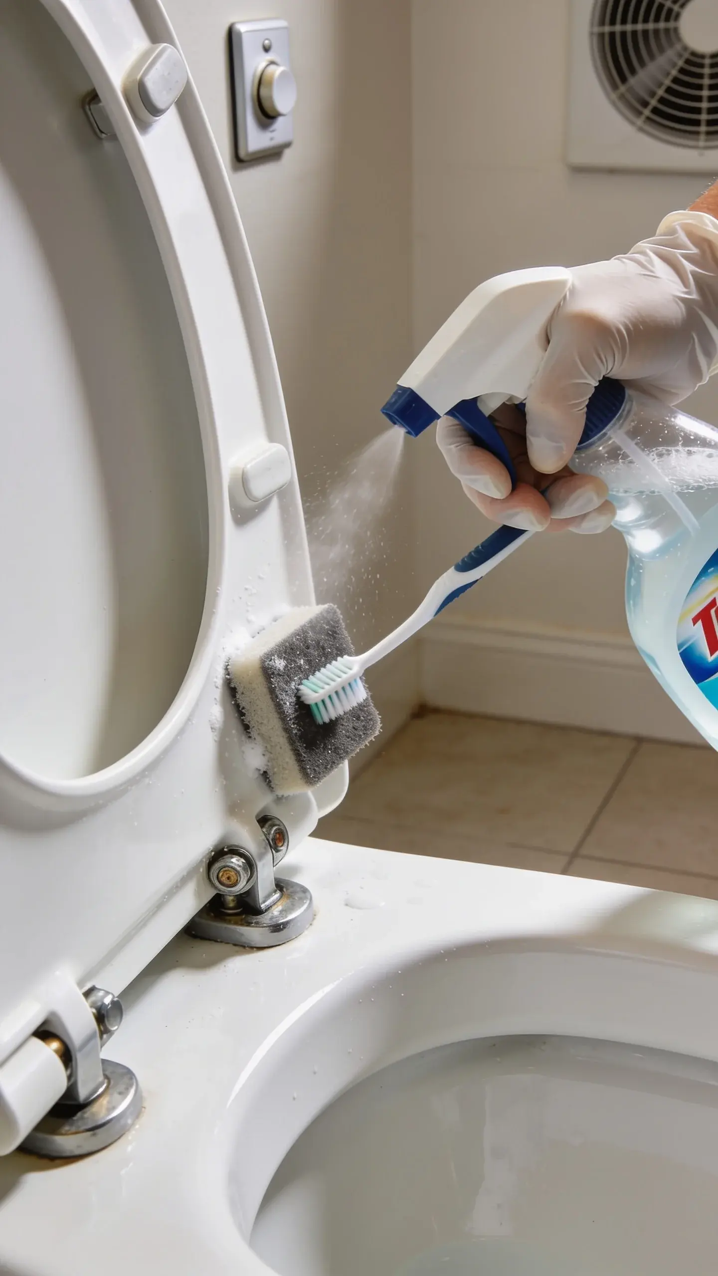 Close-up of a toilet base and hinges being scrubbed: a gloved hand using a small scrub pad/toothbrush around the seat bolts and crevices, with a spray bottle misting an all-purpose cleaner; floor is clear of rugs/trash, fan switch visible on the wall, emphasizing quick, detailed cleaning.