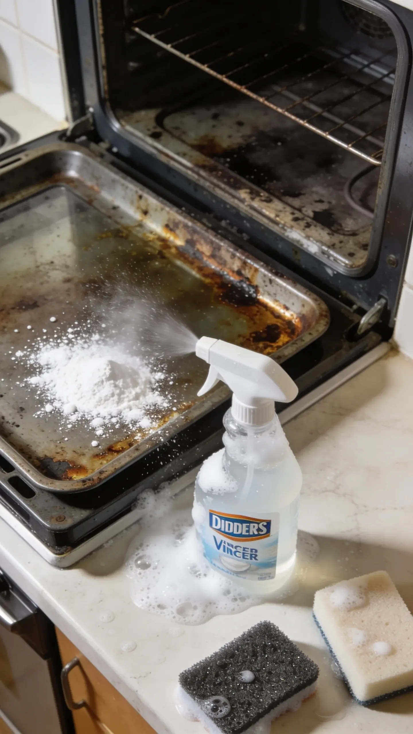 A close-up of a grimy oven door and baking tray on a kitchen countertop: baking soda sprinkled over baked-on grease, a spray bottle misting white vinegar causing visible foam; a non-scratch scrub pad and a rinsing sponge nearby, bright natural kitchen light.