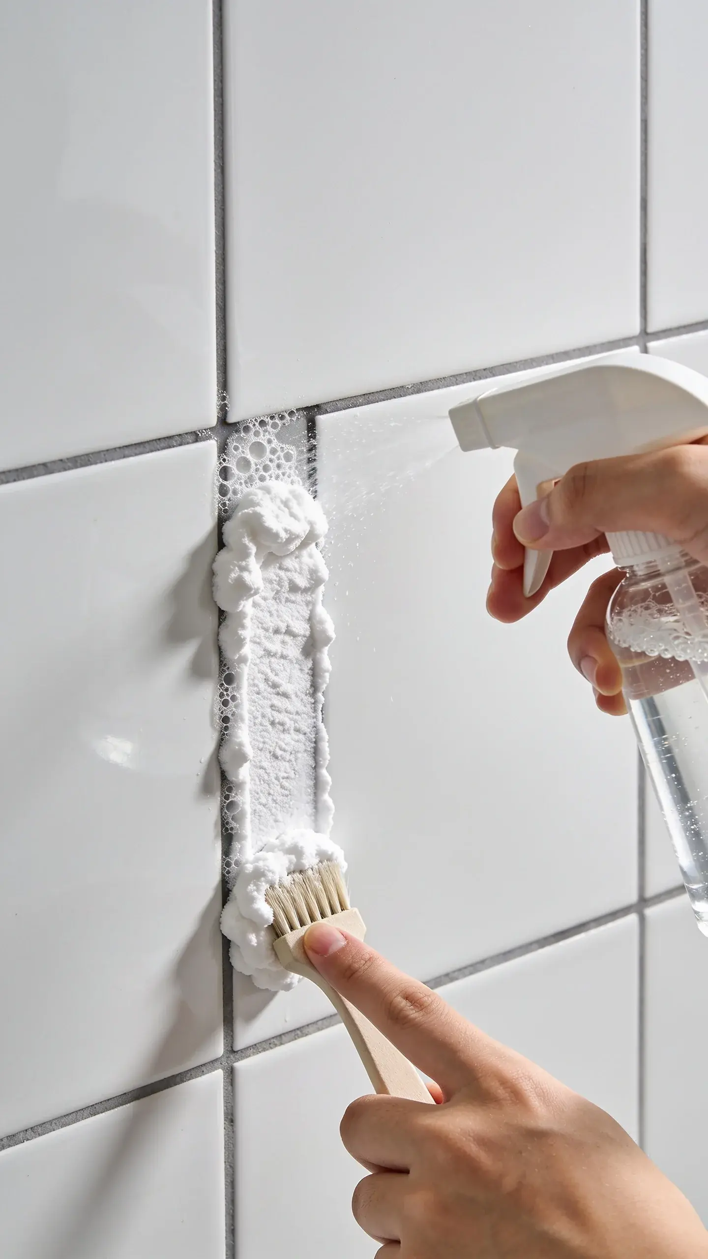 A bathroom scene focused on white shower grout lines: a small brush and a finger applying a thick baking soda paste into grout, then a hand spraying vinegar creating fizz along the lines; clean tiles around for contrast, minimal modern bathroom setting.