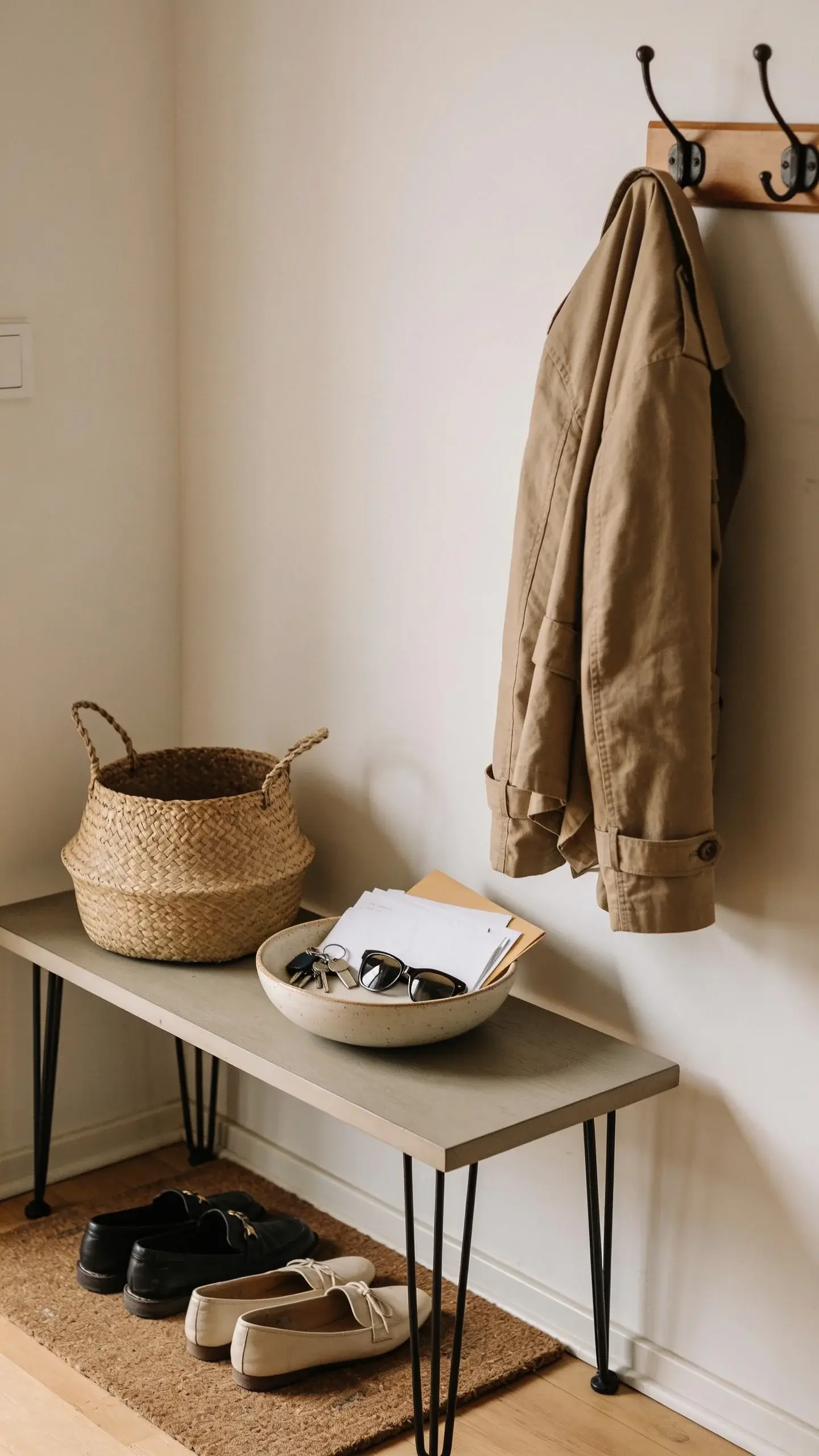 A cozy entryway with a narrow console table and a woven basket and ceramic bowl catching keys, mail, and sunglasses; a coat being hung on a wall hook, shoes neatly lined on a mat, soft natural light and warm neutral tones for a calm, clutter-free vibe.