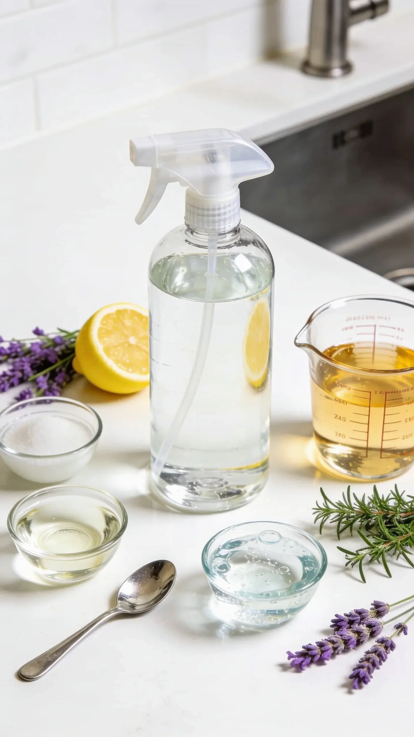 A bright, modern kitchen countertop scene with a clear 24 oz spray bottle labeled by ingredients visually (no text), surrounded by small bowls of white vinegar, a teaspoon of clear dish soap, a measuring cup of warm water, and sprigs of lemon, lavender, and tea tree; soft natural light, clean minimal aesthetic, no text.